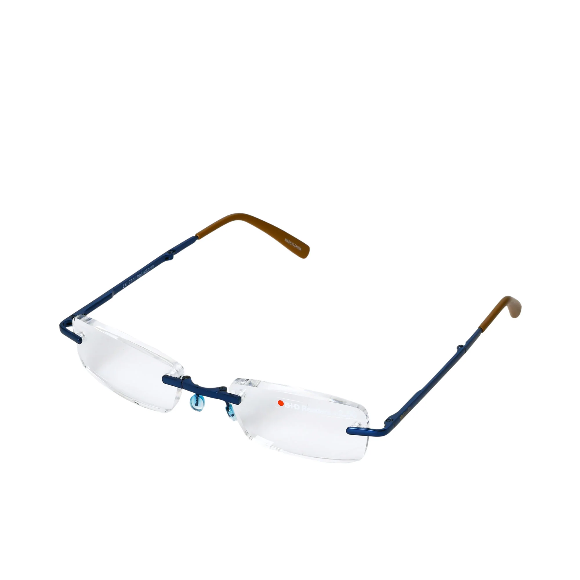 B+D Rimless Reading Glasses in Blue with Brown Temples - Image 2