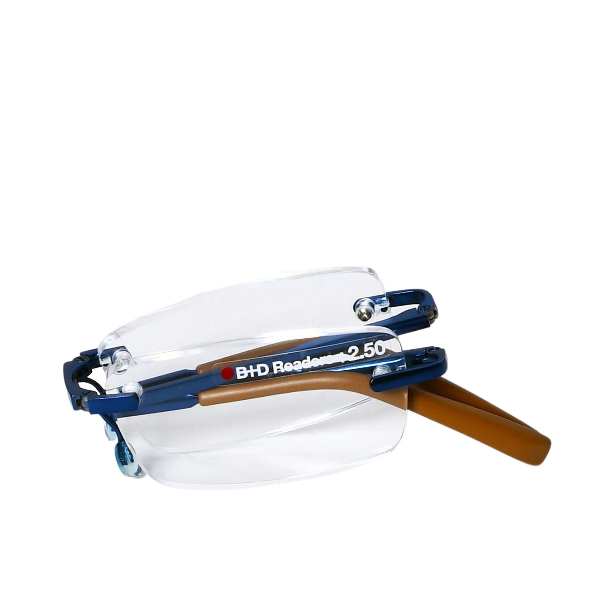 B+D Rimless Reading Glasses in Blue with Brown Temples - Image 3