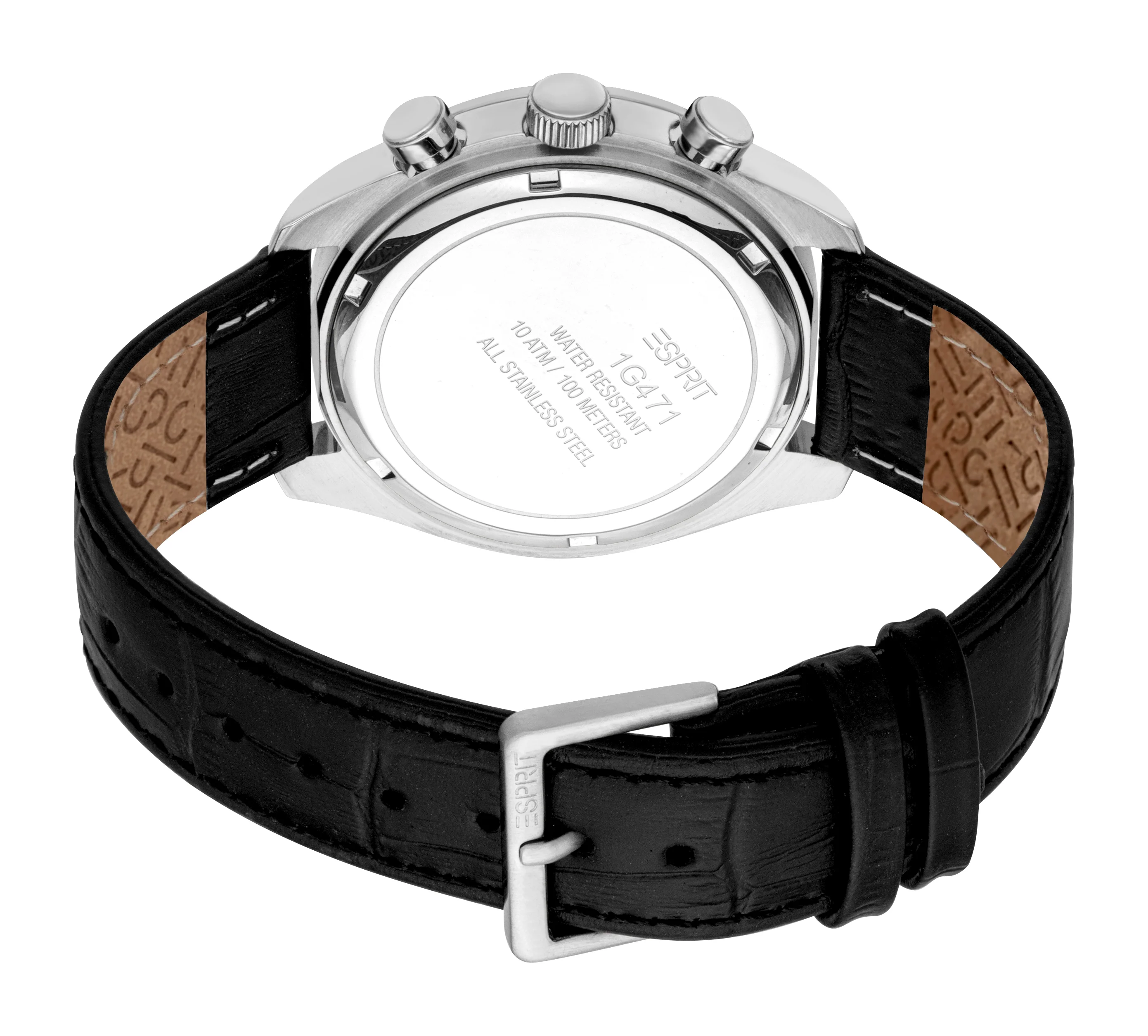 Esprit Men’s Chronograph Black Leather Watch – Silver Case, Tachymeter, 10 ATM Water Resistant - Image 3