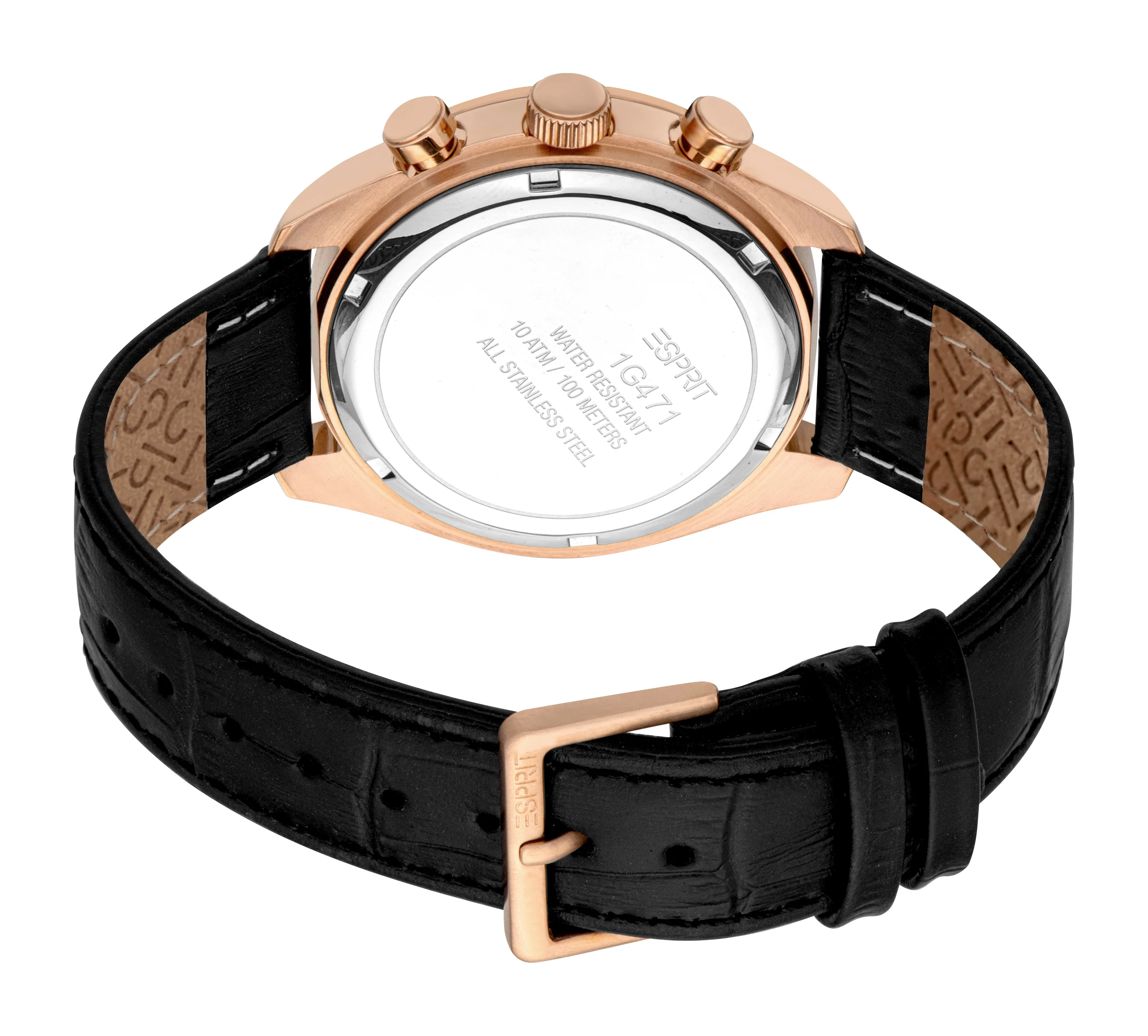 Esprit Men's Black Dial Rose Gold-Tone Chronograph Watch with Black Leather Strap - Image 3