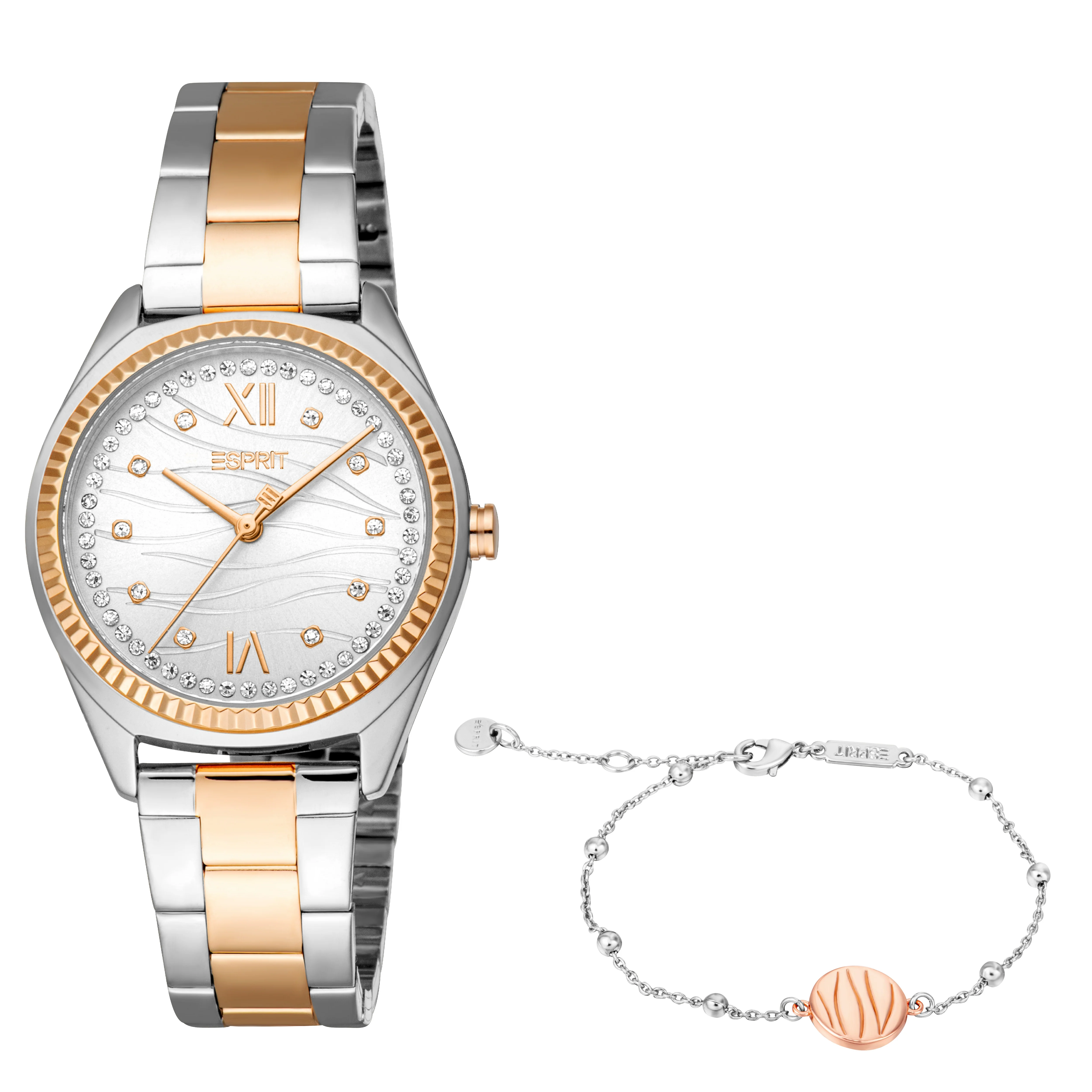 Esprit Uma Women’s Two-Tone Rose Gold Watch with Silver Dial and Crystal Bezel - Image 2