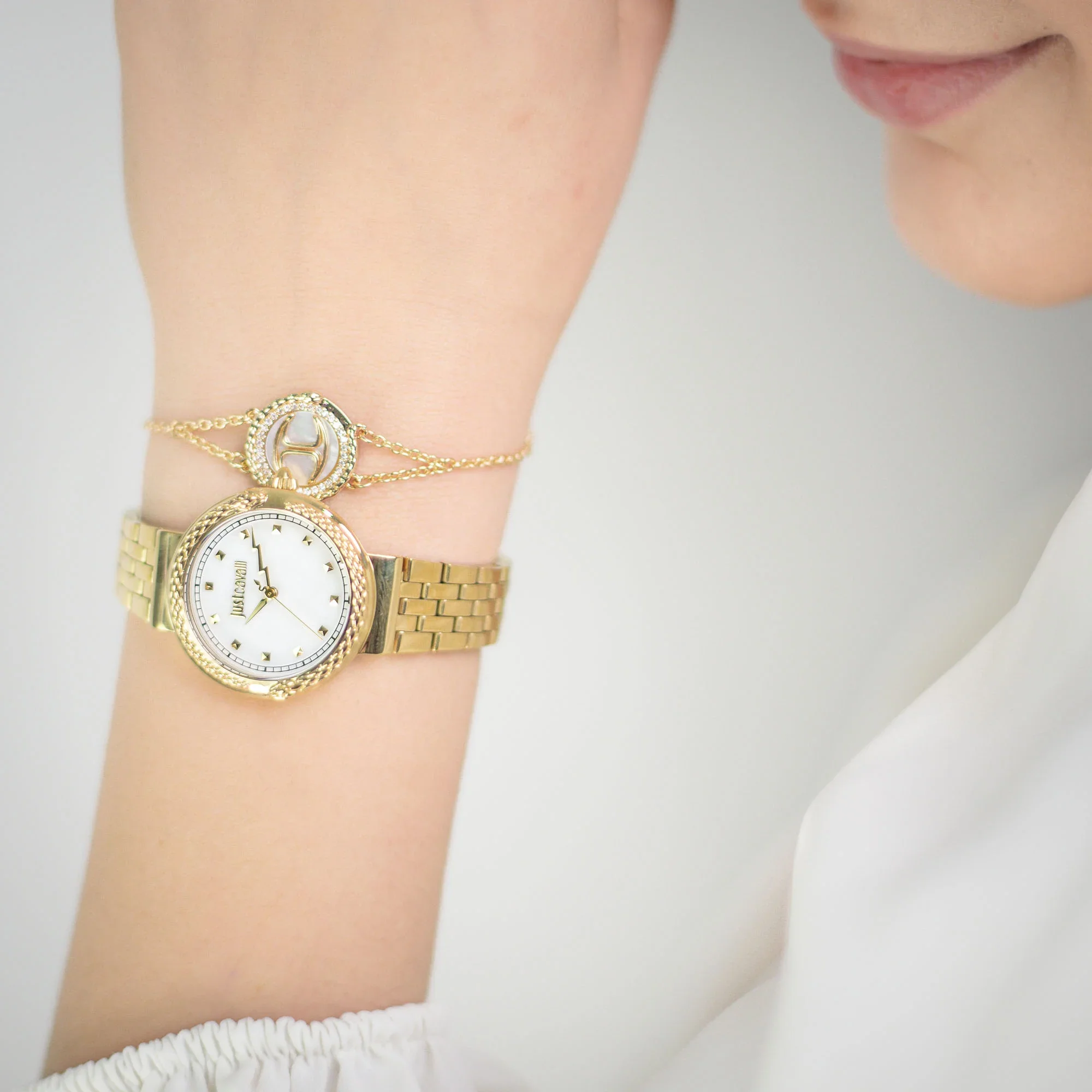 Just Cavalli Brave Snake Ladies White MOP Dial Yellow Gold Watch and Bracelet Set - Image 3