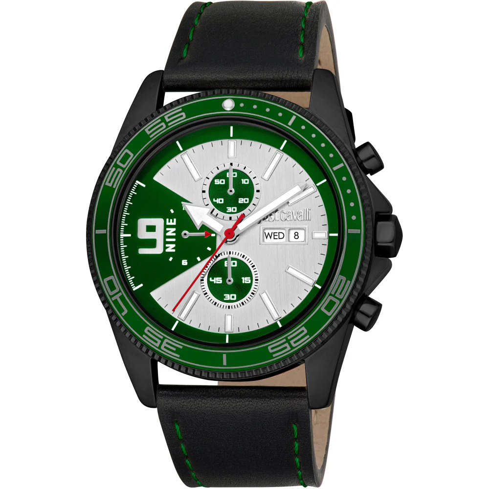 Just Cavalli Subversia Gents Silver Green Dial Black Color Case  Black Leather Strap Watch - Image 4