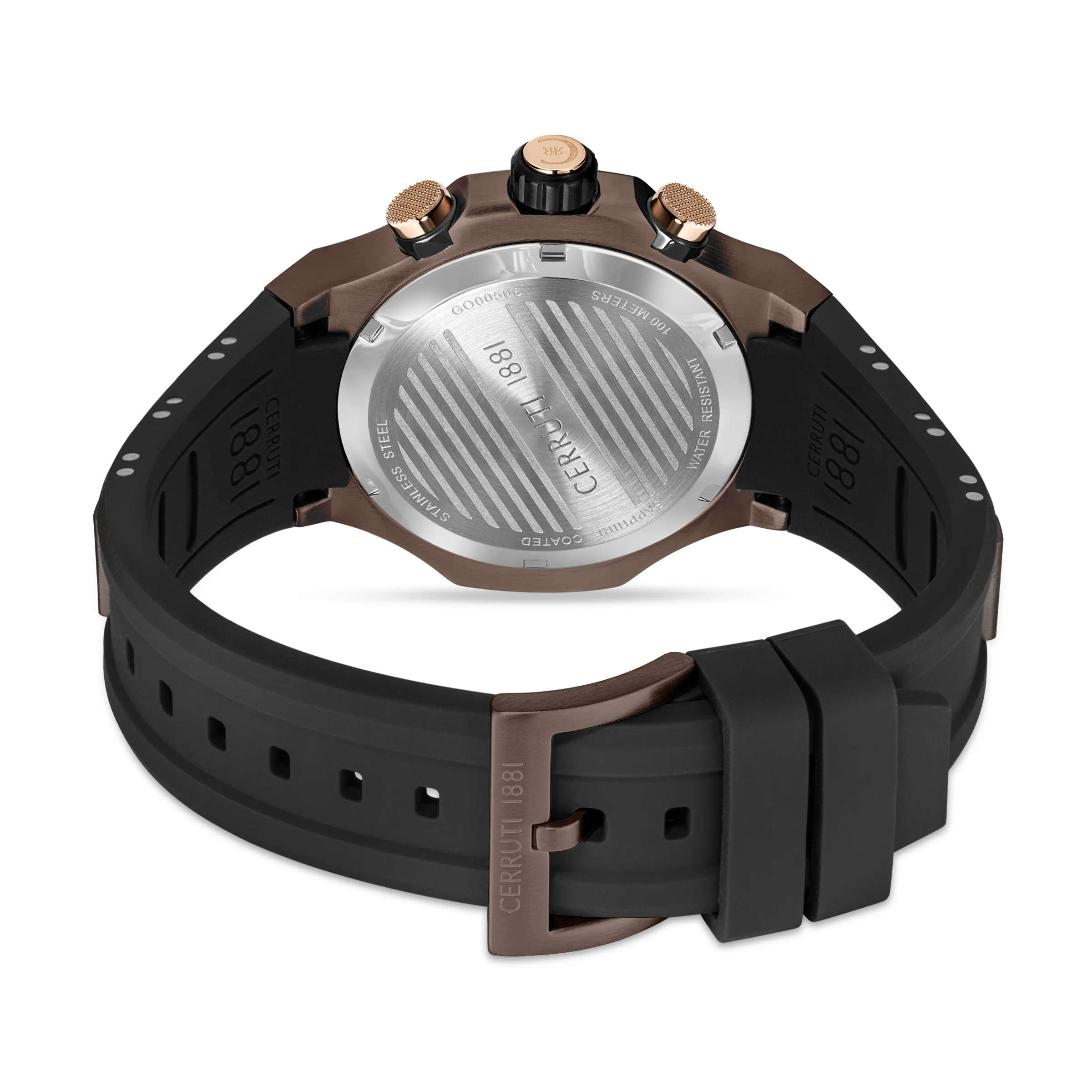 Cerruti 1881 Lucardo Gents Chronograph Brown IP Case Brown Dial Rose Gold Elements Two-Tone Silicone Strap Watch - Image 2