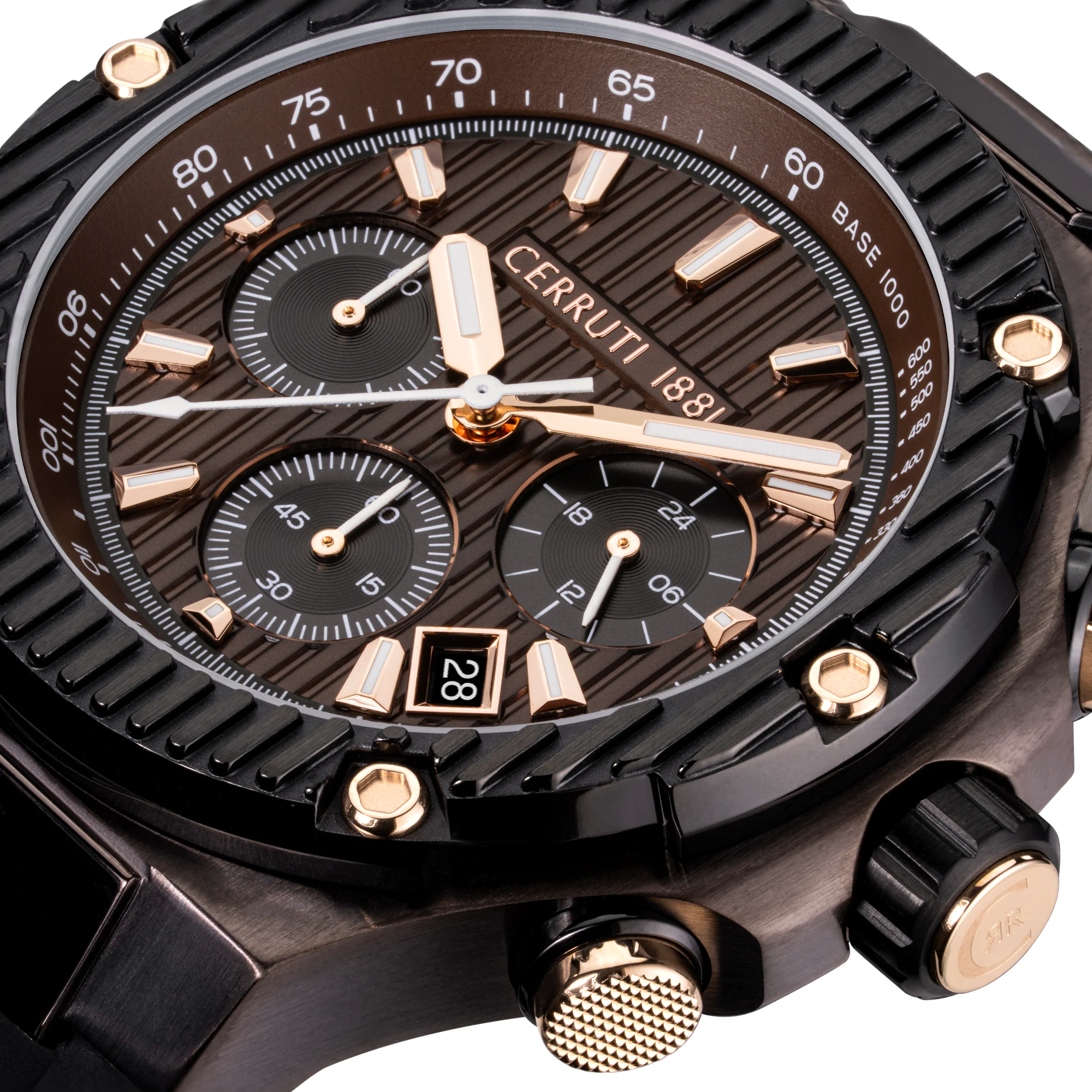 Cerruti 1881 Lucardo Gents Chronograph Brown IP Case Brown Dial Rose Gold Elements Two-Tone Silicone Strap Watch - Image 3