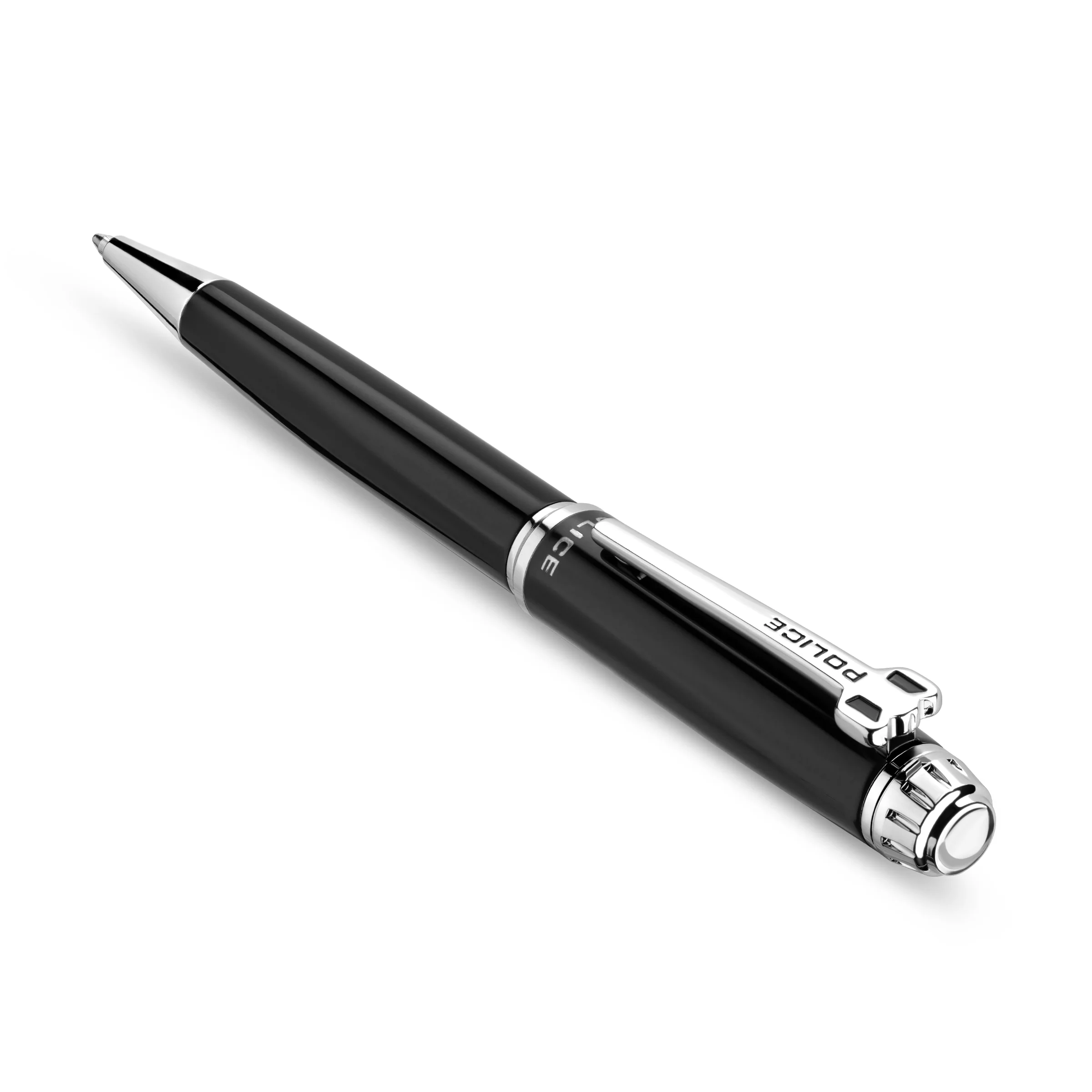 Police Aptos Black Stainless Steel Twisted Closure Pen with Silver Trims, Blue Ink - Image 2