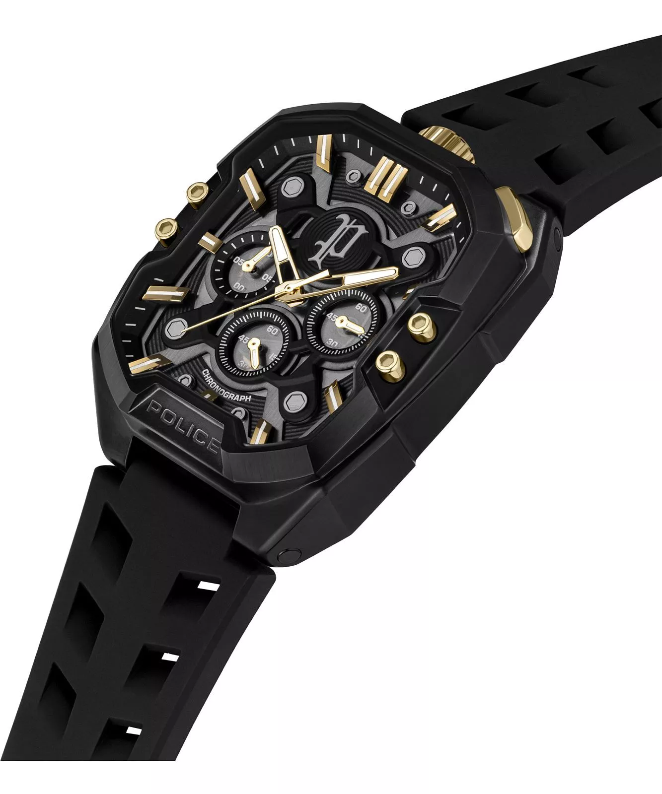 Police Bullhead Chronograph Men's Watch - Black & Gold - Silicone Strap - Image 2