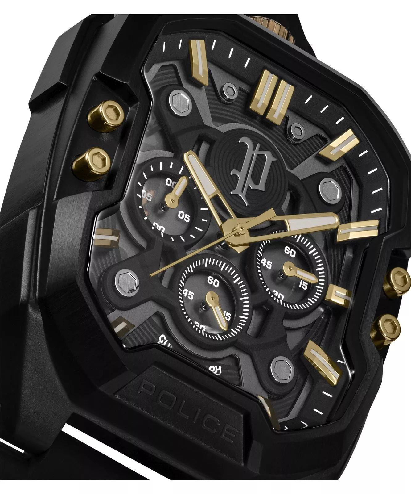 Police Bullhead Chronograph Men's Watch - Black & Gold - Silicone Strap - Image 3