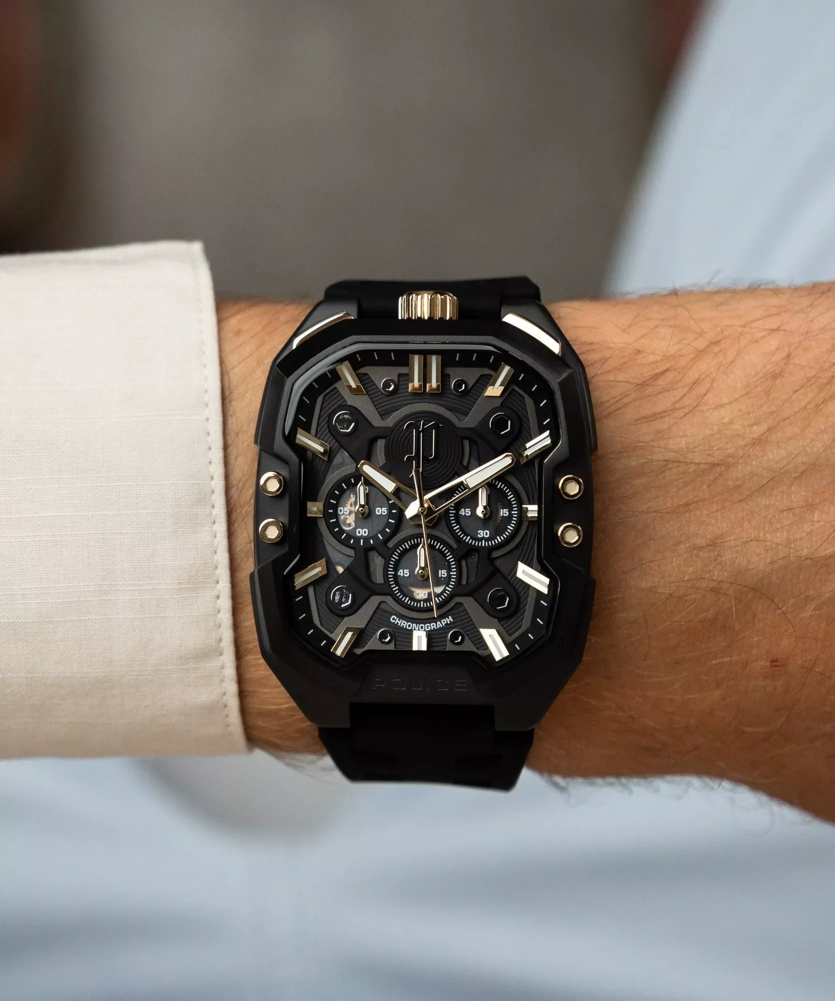 Police Bullhead Chronograph Men's Watch - Black & Gold - Silicone Strap - Image 5