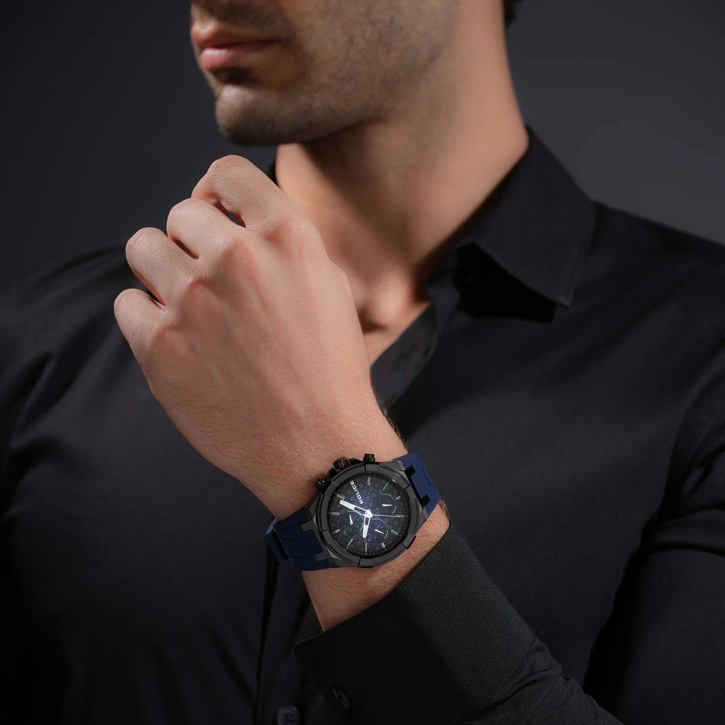 Police Case, Black To Blue Dial, Blue Silicon watch - Image 5