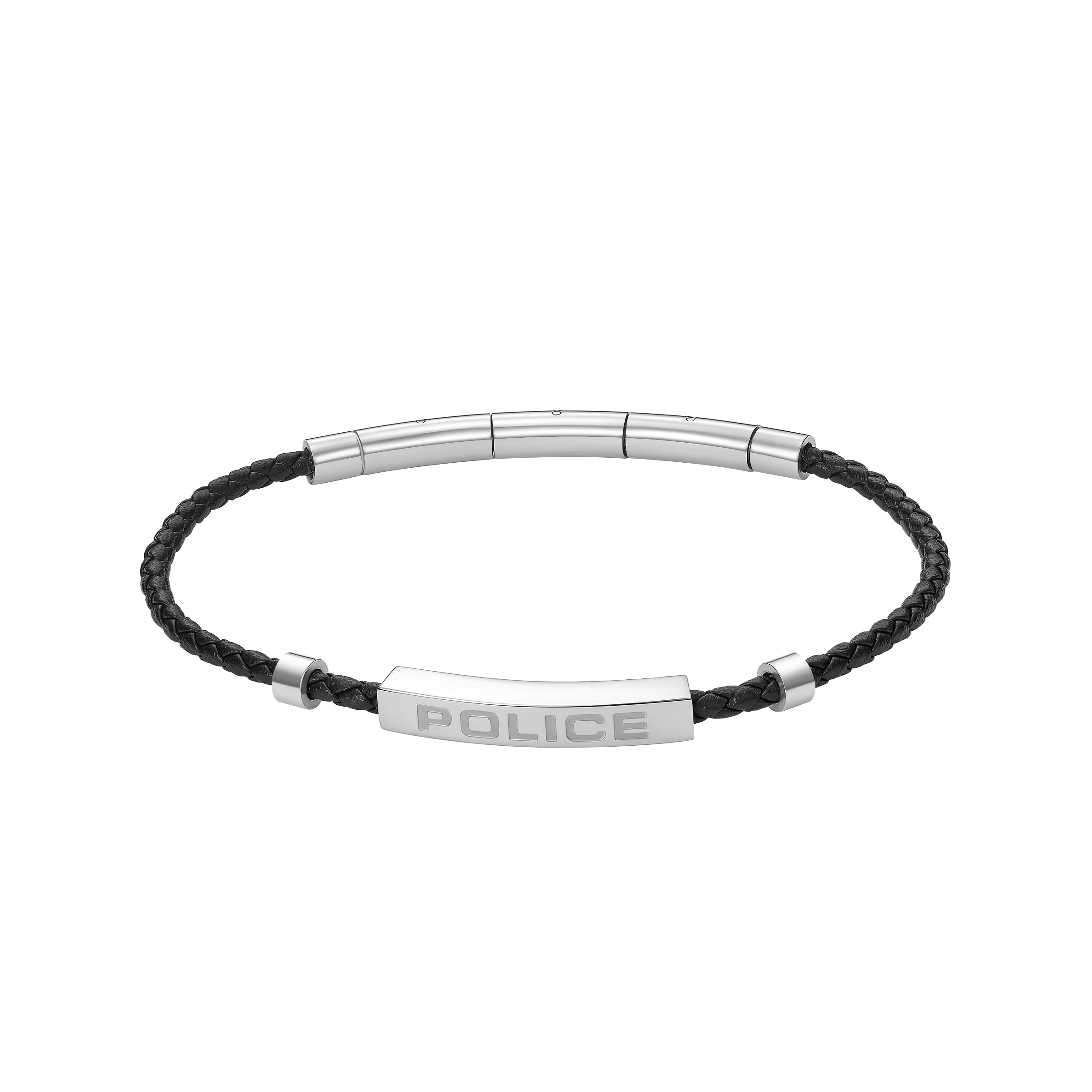 Police Contour Stainless Steel Bracelet with Black Leather and Linear Bar Detail - Image 2
