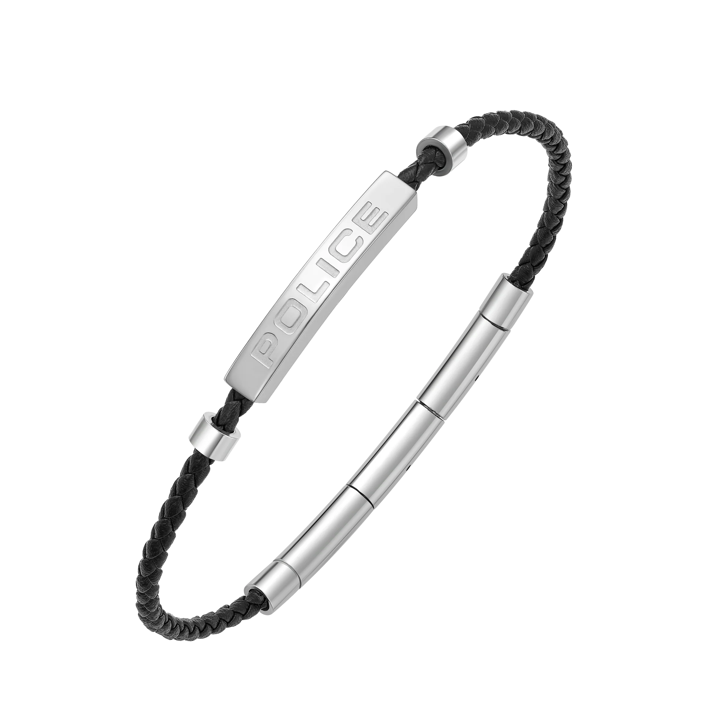 Police Contour Stainless Steel Bracelet with Black Leather and Linear Bar Detail - Image 3