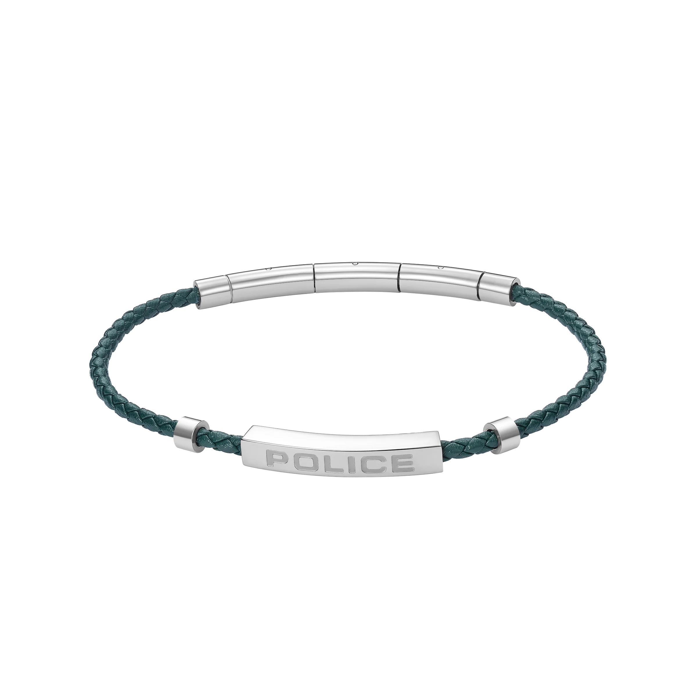 Police Contour Stainless Steel Bracelet with Olive Green Leather and Linear Bar Detail - Image 2