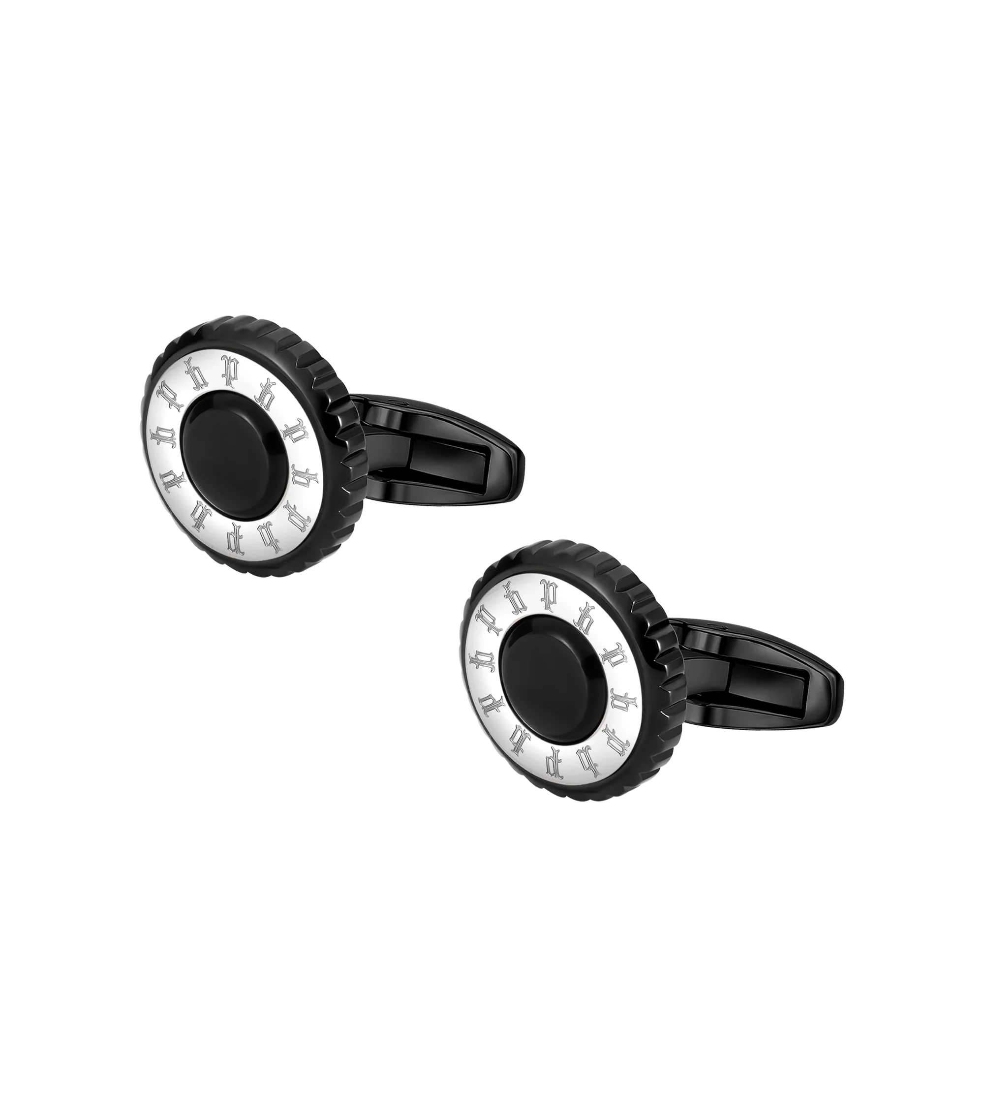 Police Fluted Black & Stainless Steel Cufflinks with Multi-P Emblem - Image 2