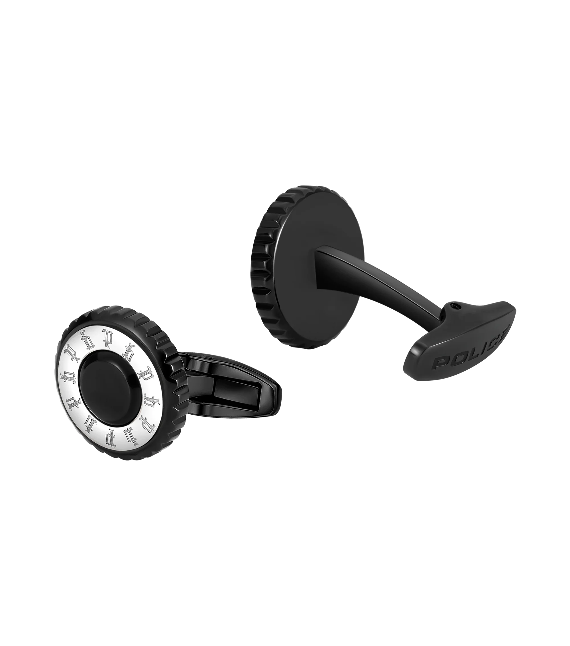Police Fluted Black & Stainless Steel Cufflinks with Multi-P Emblem - Image 3