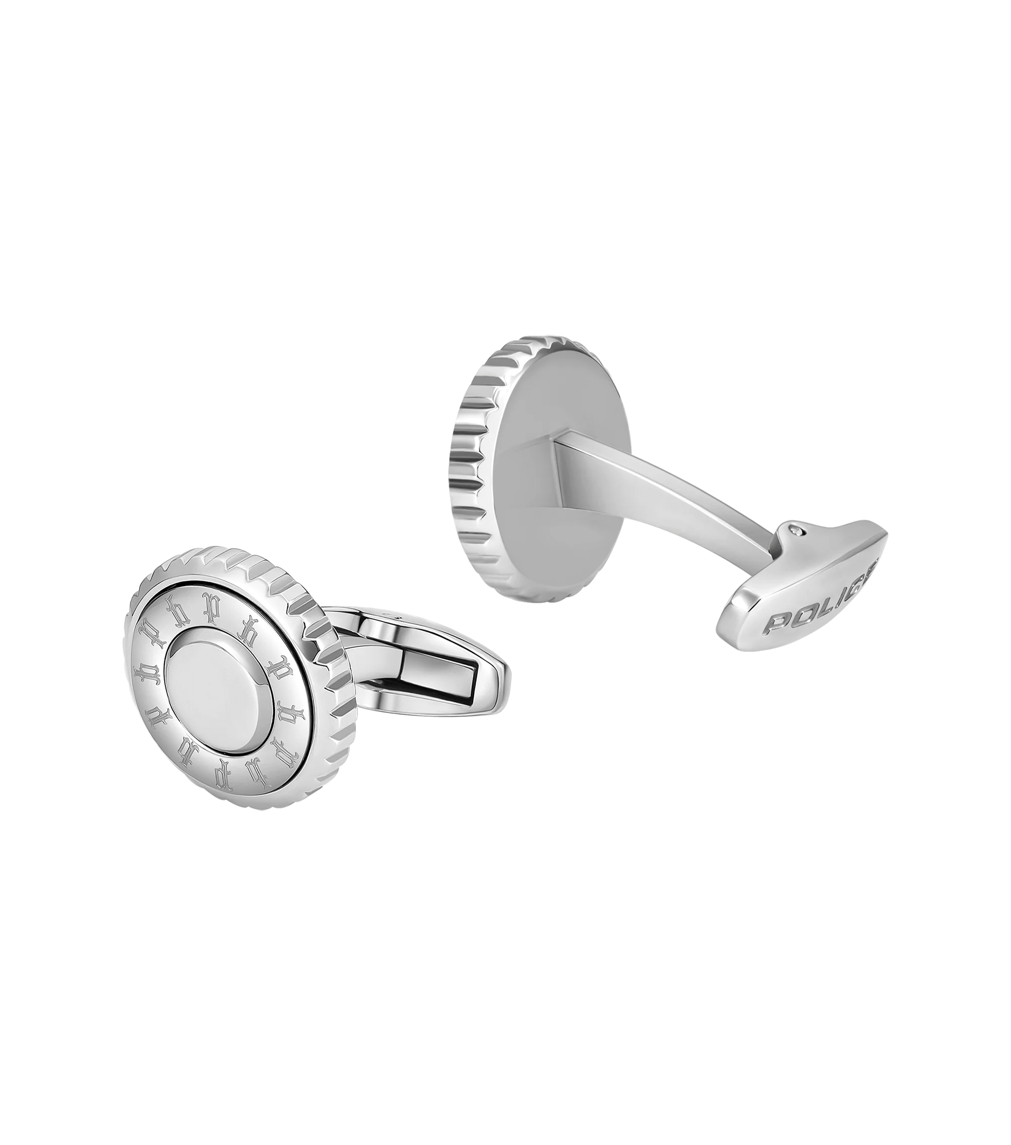 Police Fluted Stainless Steel Cufflinks with Multi-P Emblem - Image 2