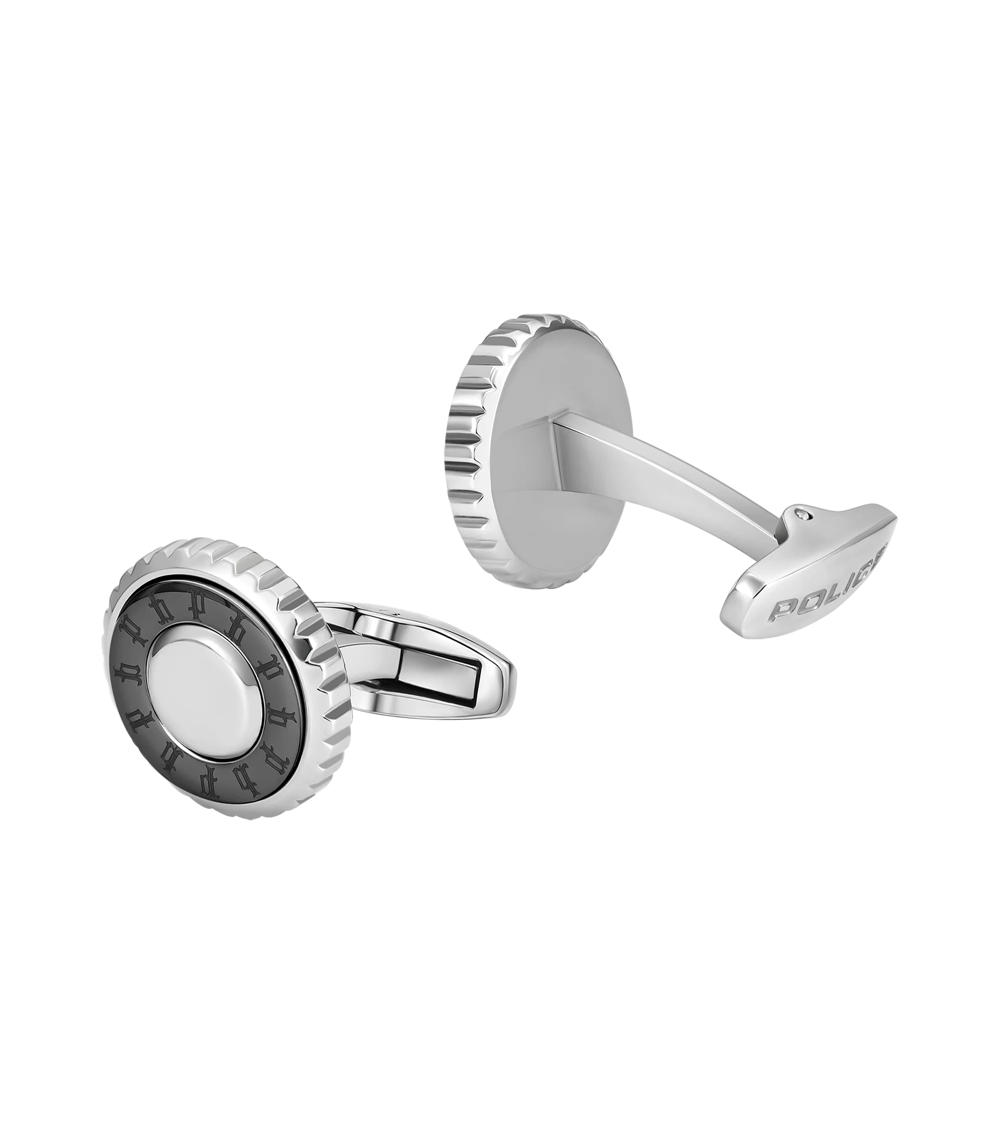 Police Fluted Stainless Steel & Gunmetal Cufflinks with Multi-P Emblem - Image 2