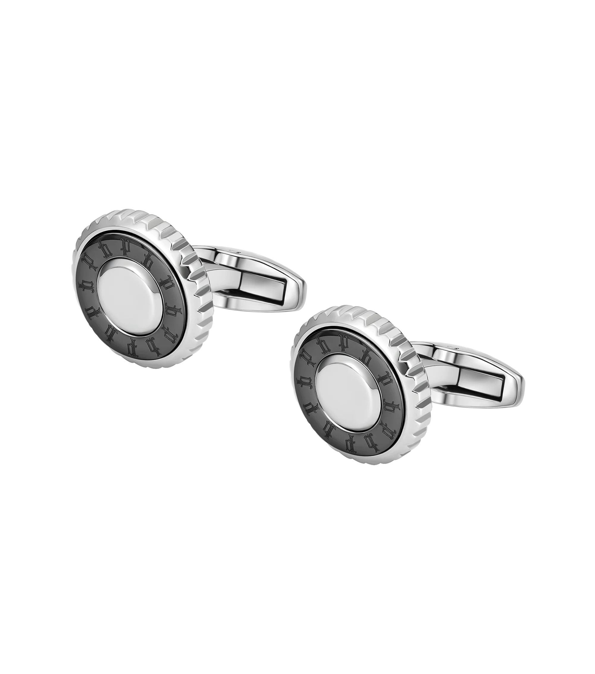 Police Fluted Stainless Steel & Gunmetal Cufflinks with Multi-P Emblem - Image 3