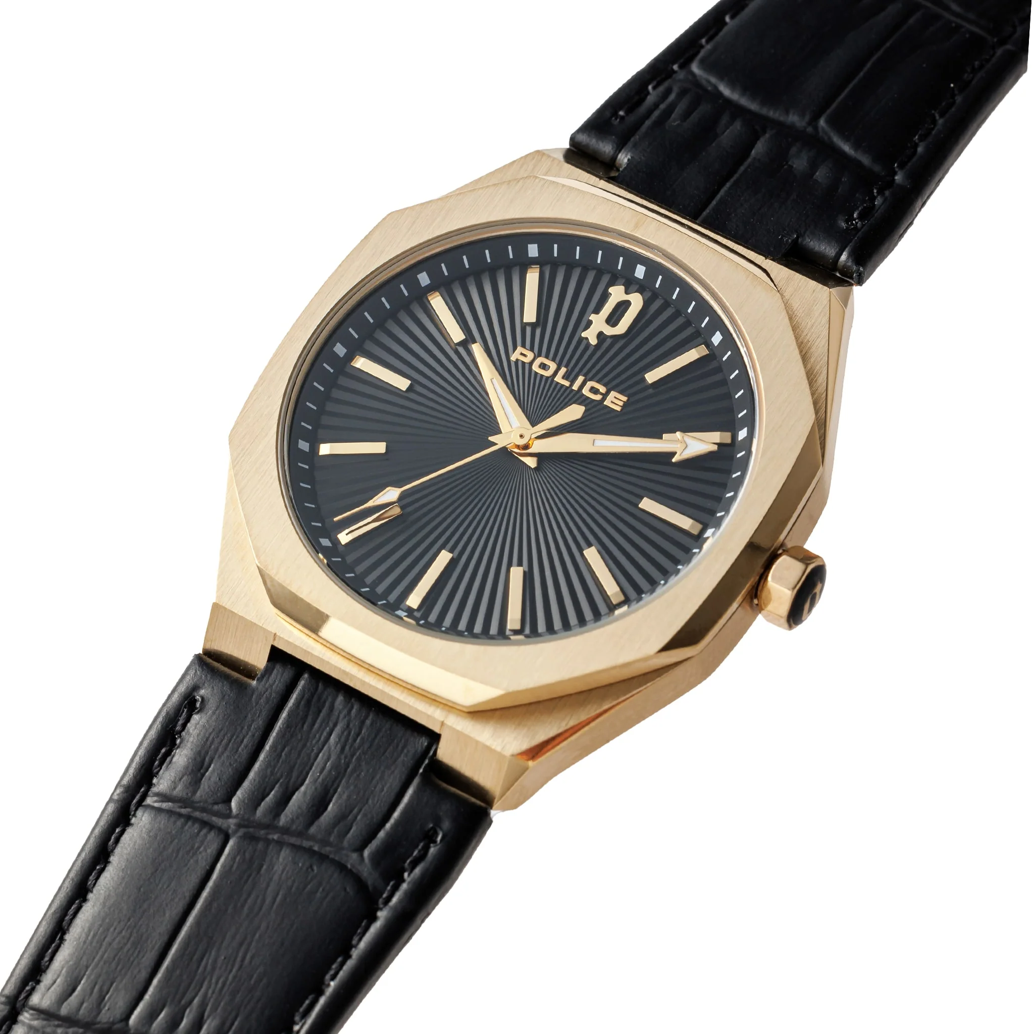 Police Gents Gold-Tone Watch with Black Dial and Leather Strap - Image 2