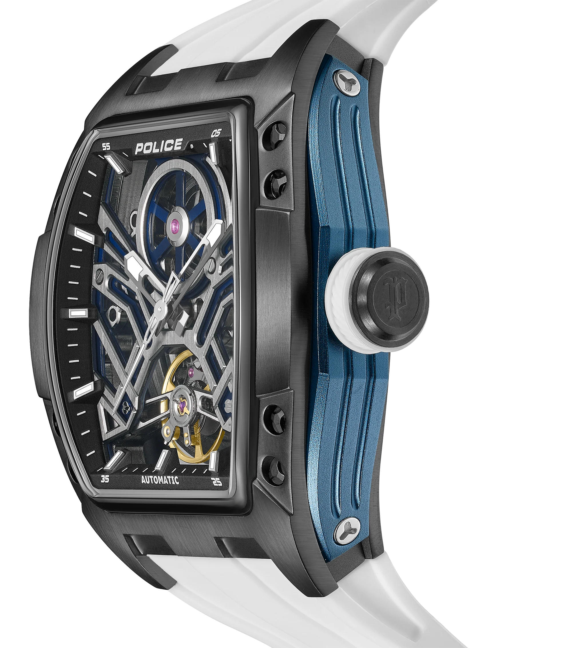 Police Gun & Blue Dial, White Silicon Strap Watch - Image 2