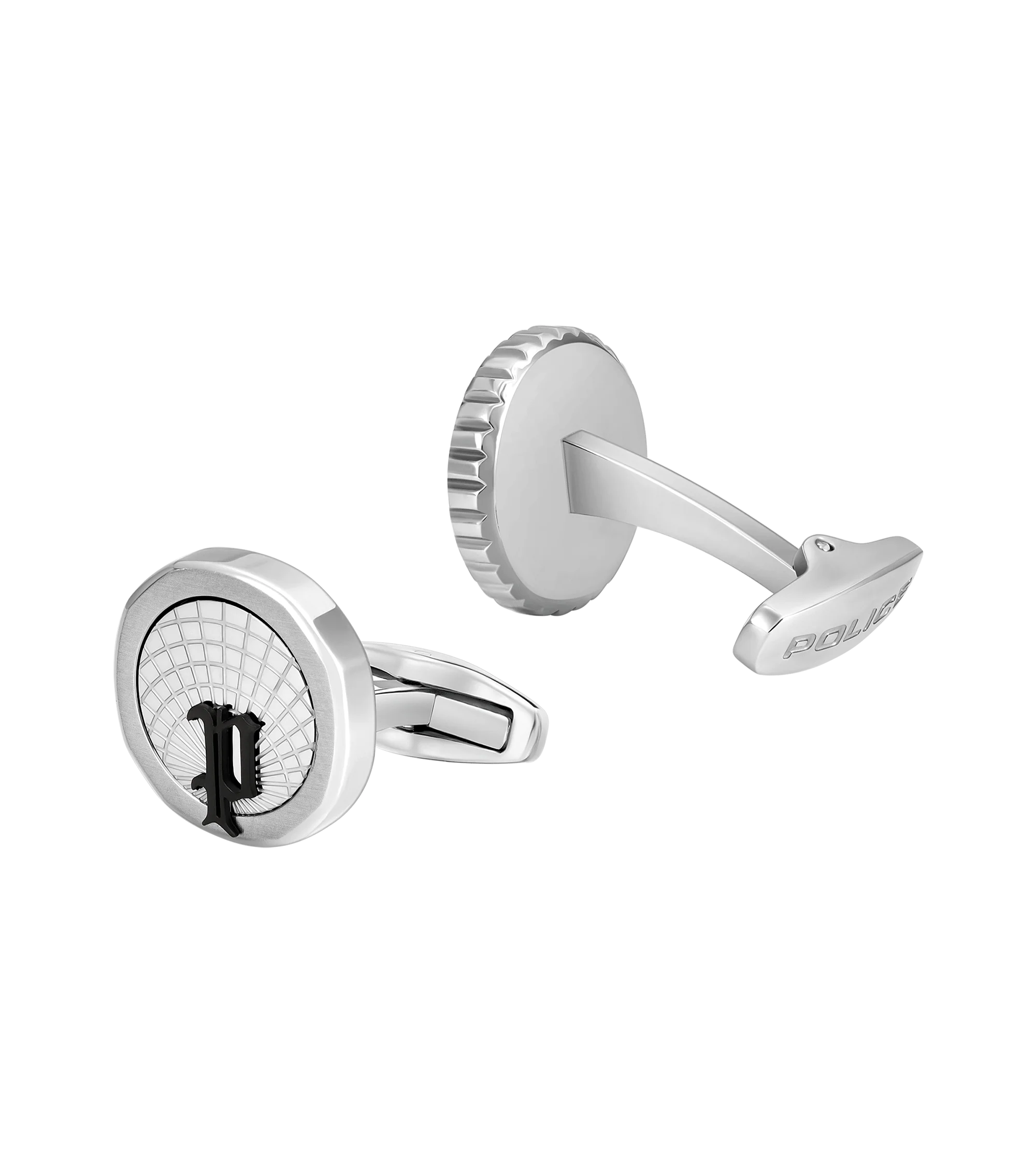 Police Horizon Stainless Steel Black Cufflinks with P Logo Rim - Image 2