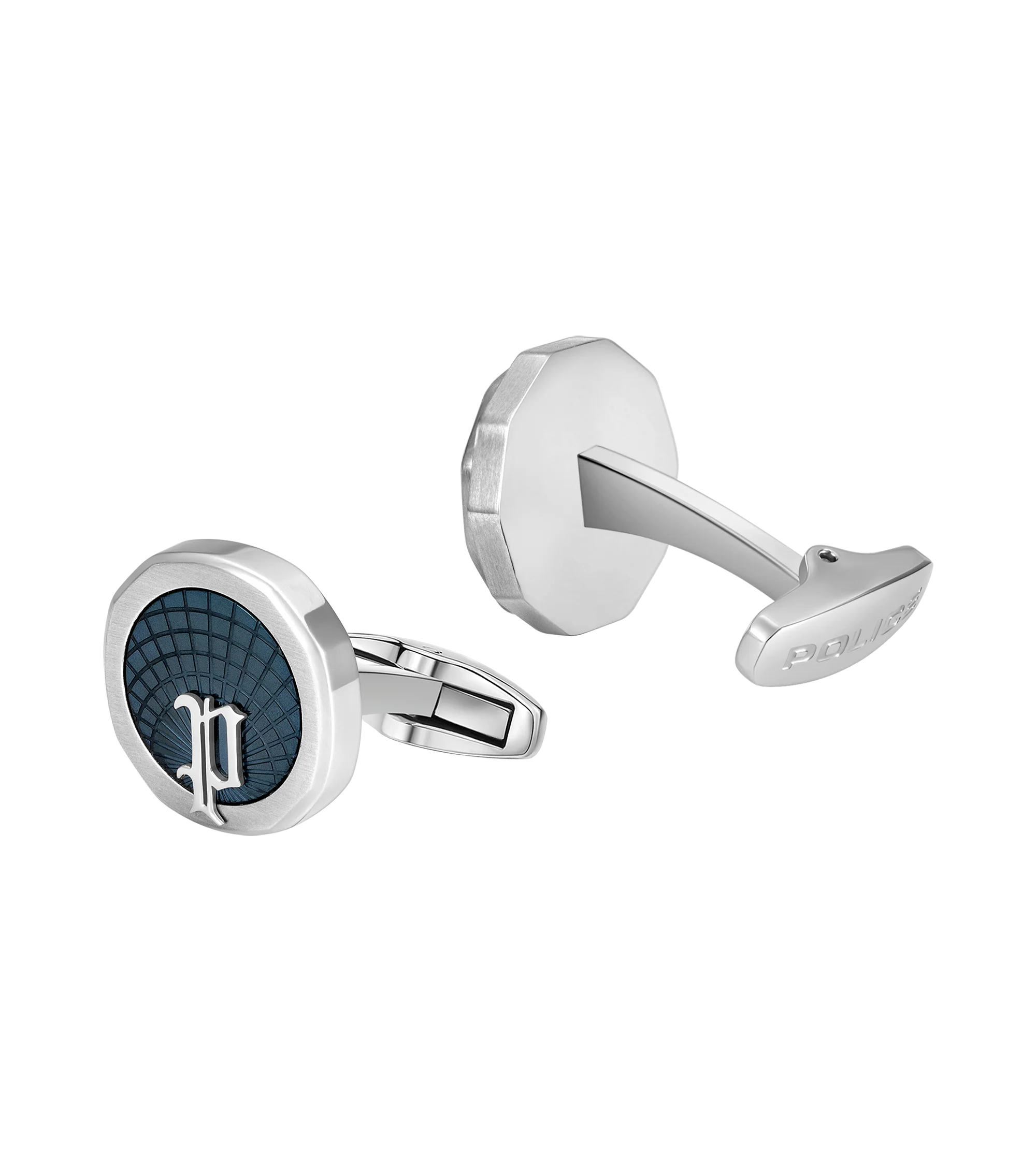 Police Horizon Stainless Steel Grey Cufflinks with P Logo Rim - Image 2