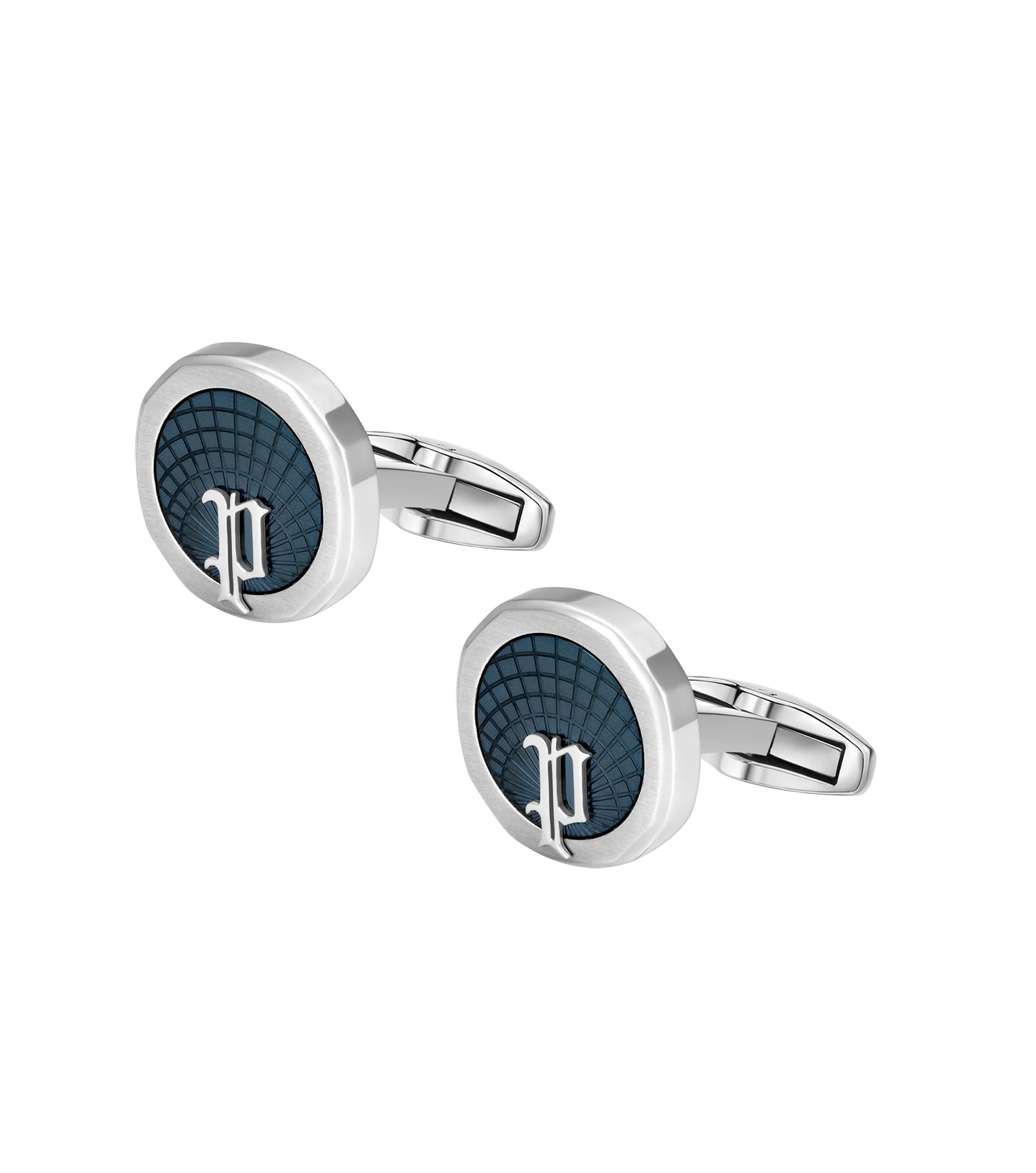 Police Horizon Stainless Steel Grey Cufflinks with P Logo Rim - Image 3