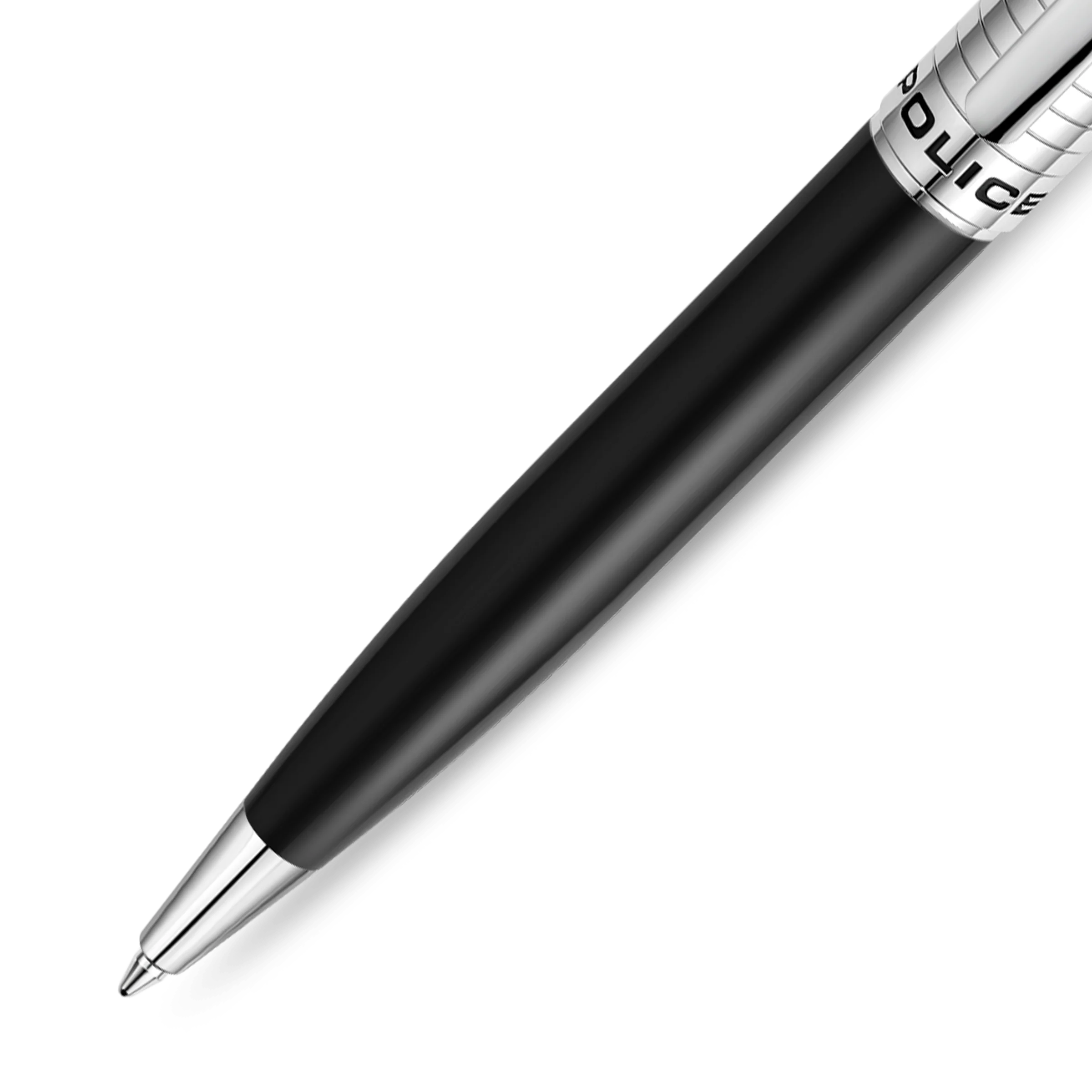 Police Meiryo Black Stainless Steel Textured Pen with Silver Trims, Blue Ink - Image 3