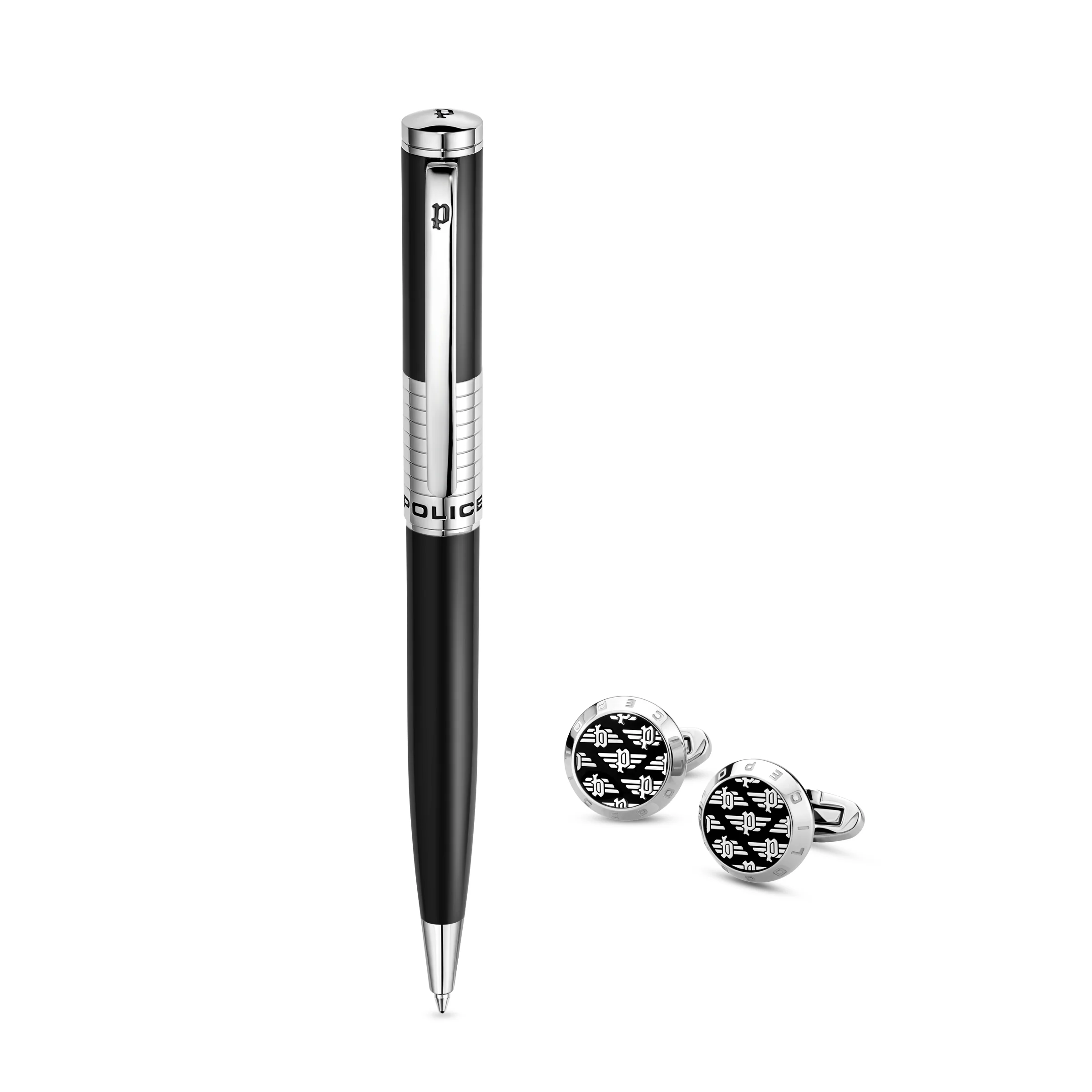 Police Meiryo Black Stainless Steel Textured Pen with Silver Trims, Blue Ink - Image 4