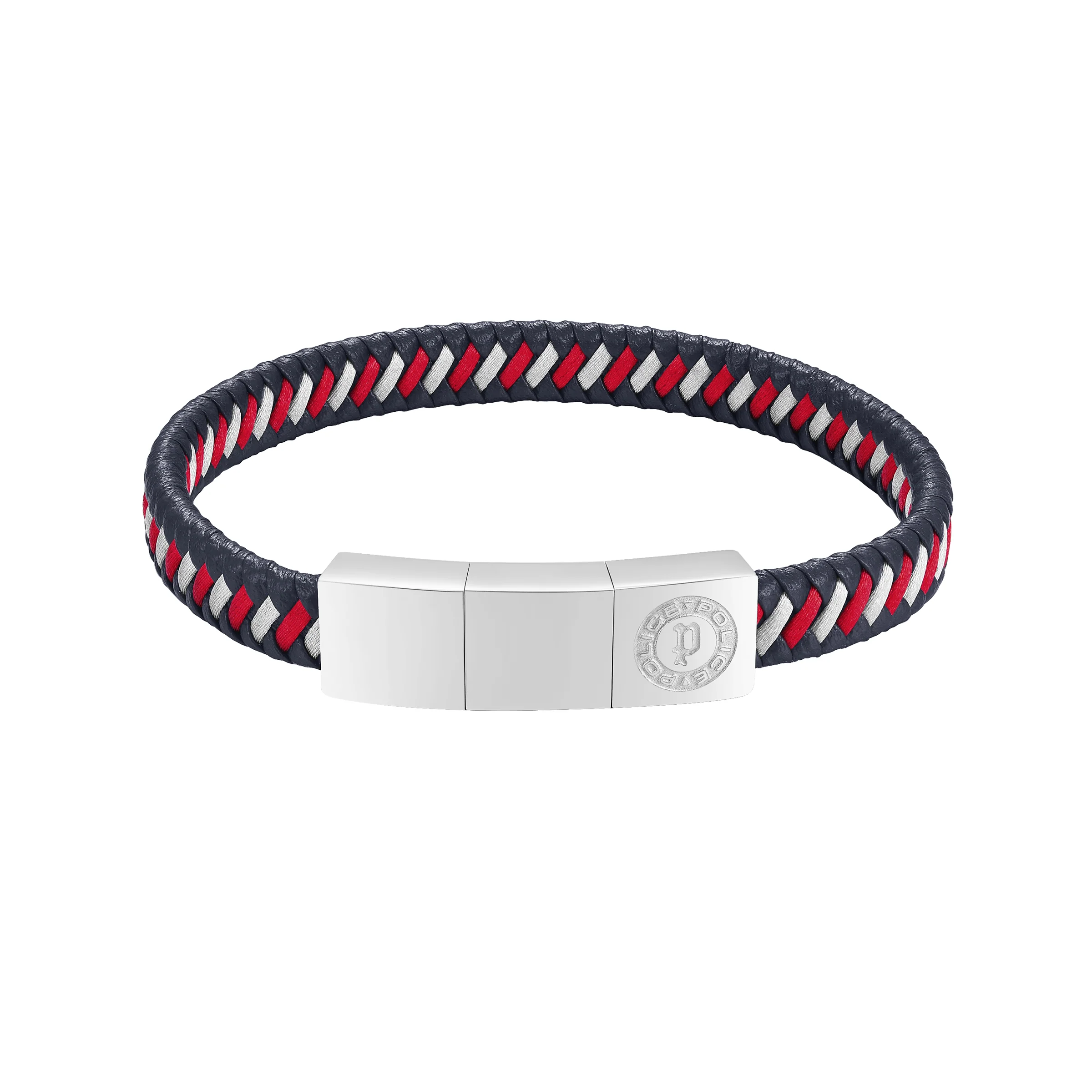 Police Men's Twist Navy & Red Woven Leather with Stainless Steel Motif Bracelet - Image 2