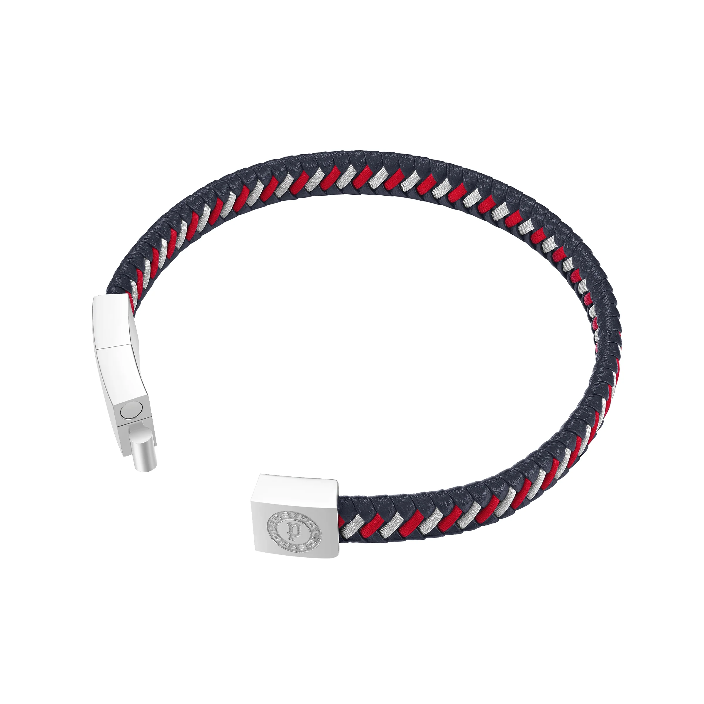 Police Men's Twist Navy & Red Woven Leather with Stainless Steel Motif Bracelet - Image 3