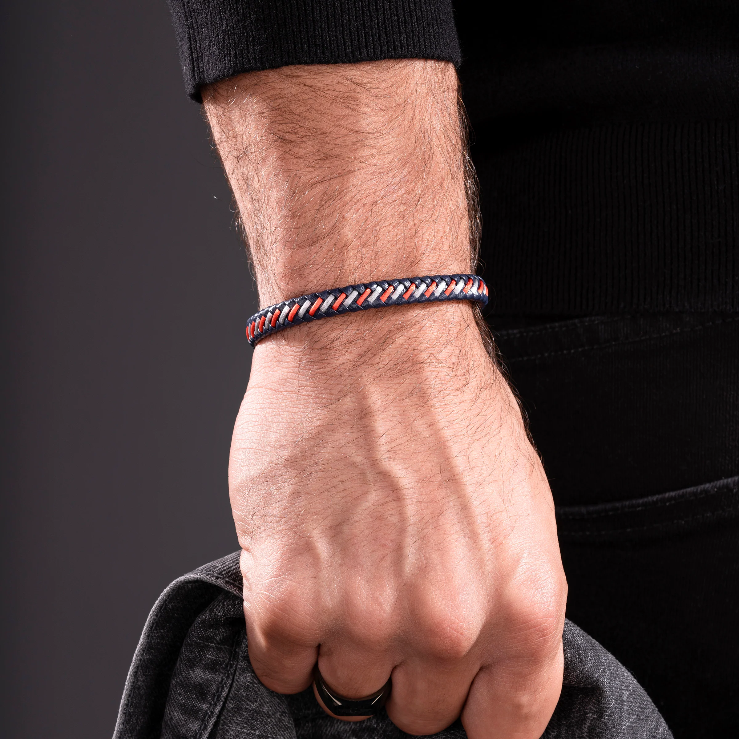 Police Men's Twist Navy & Red Woven Leather with Stainless Steel Motif Bracelet - Image 4