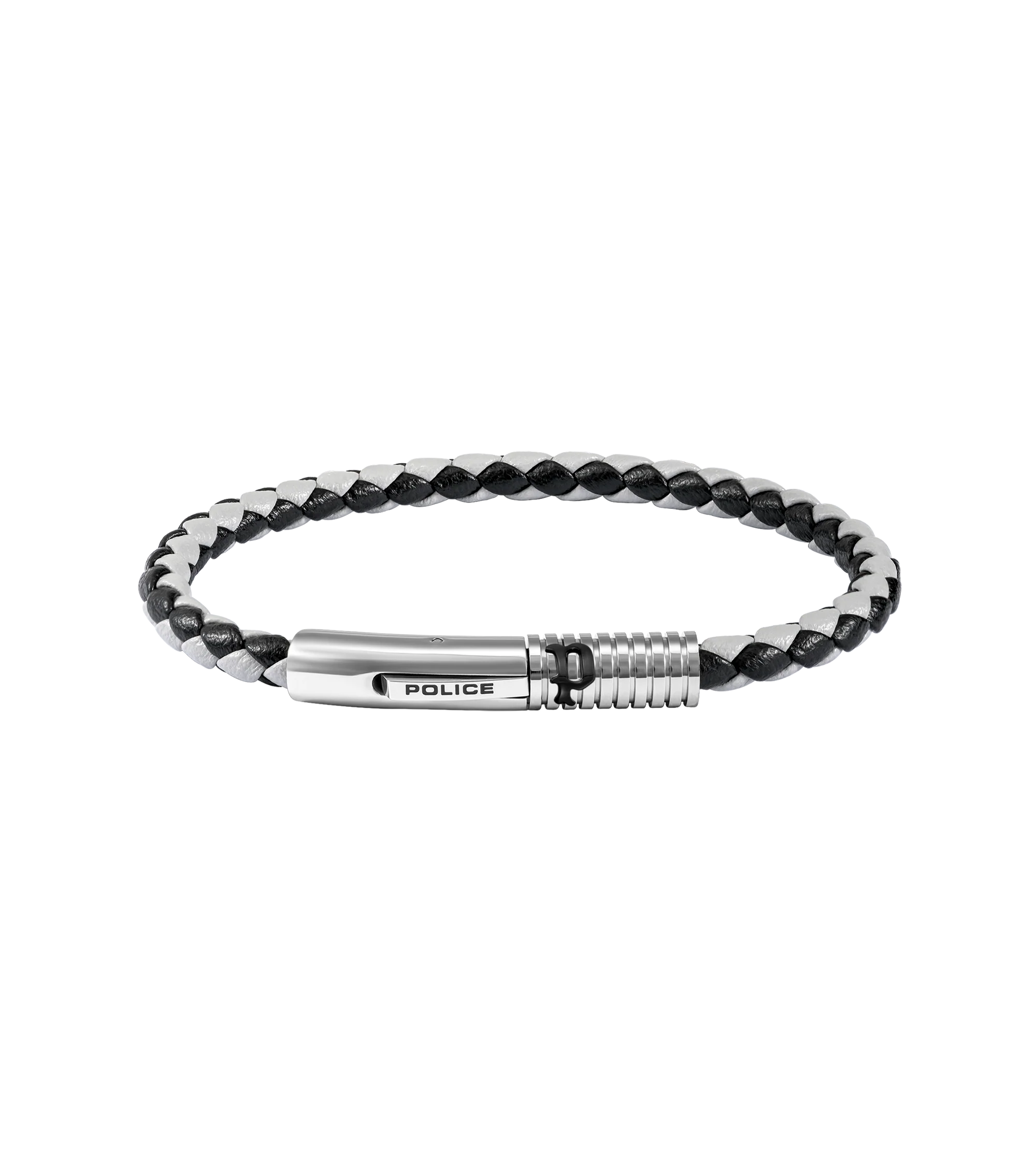 Police Modish Stainless Steel Bracelet with Black and Grey Leather Straps - Image 2