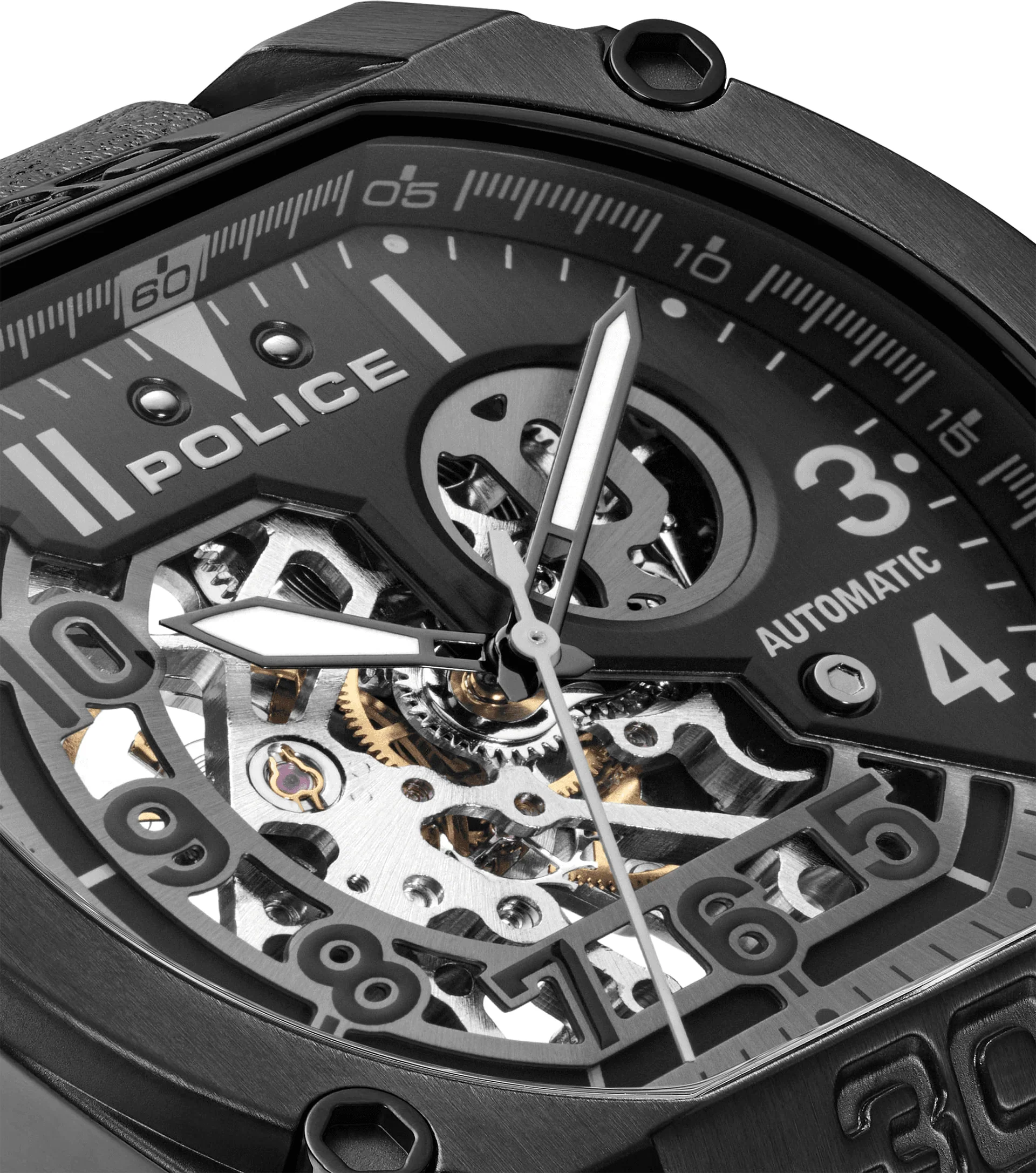 Police Norwood Automatic Gents Black Dial Black Leather Strap Watch - Image 3