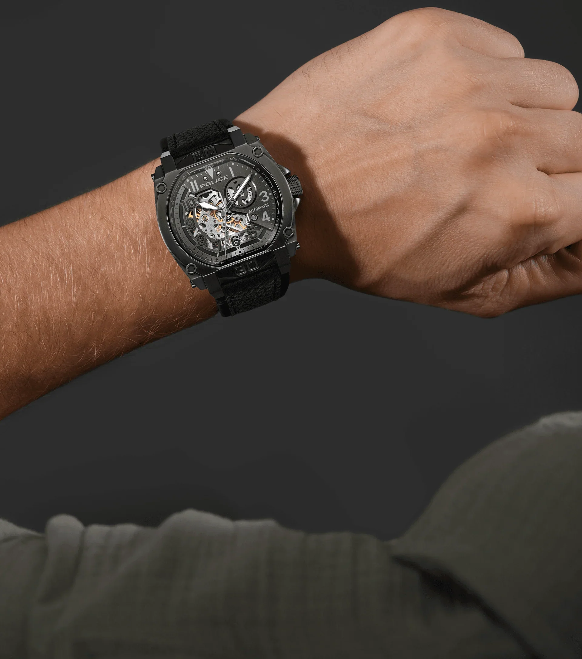 Police Norwood Automatic Gents Black Dial Black Leather Strap Watch - Image 4