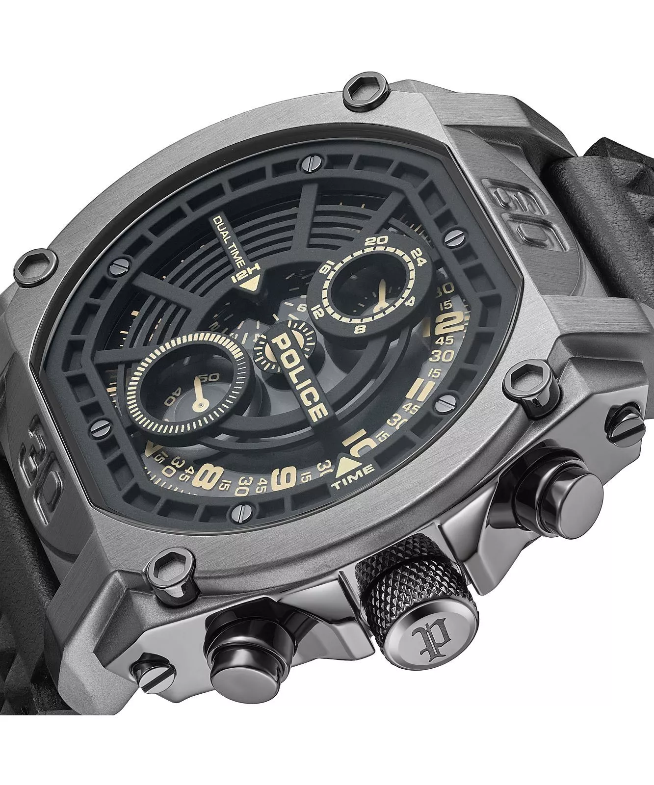 Police Norwood Dual Time Men's Watch - Gray Steel - Black Leather Strap - Image 3