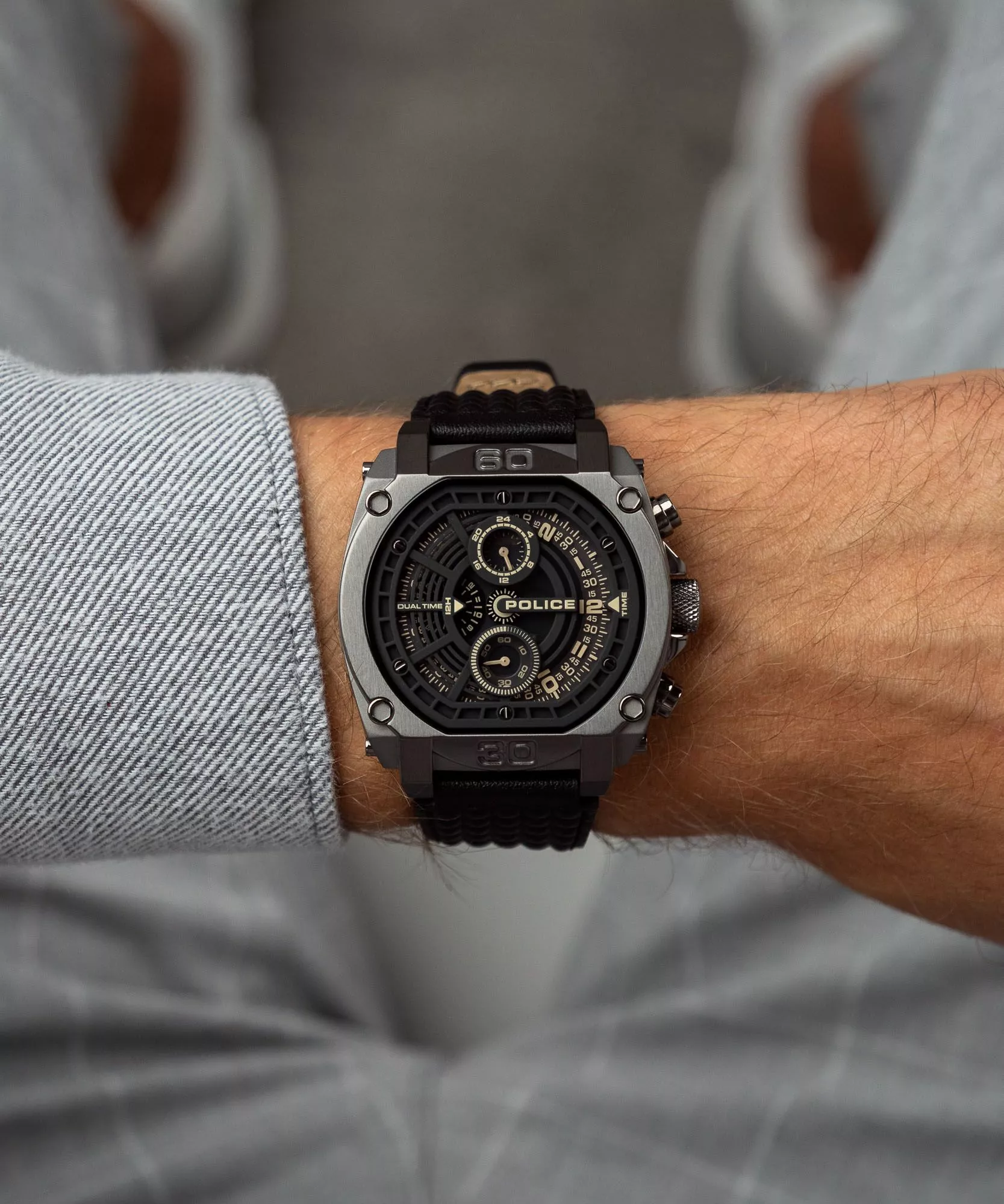 Police Norwood Dual Time Men's Watch - Gray Steel - Black Leather Strap - Image 5
