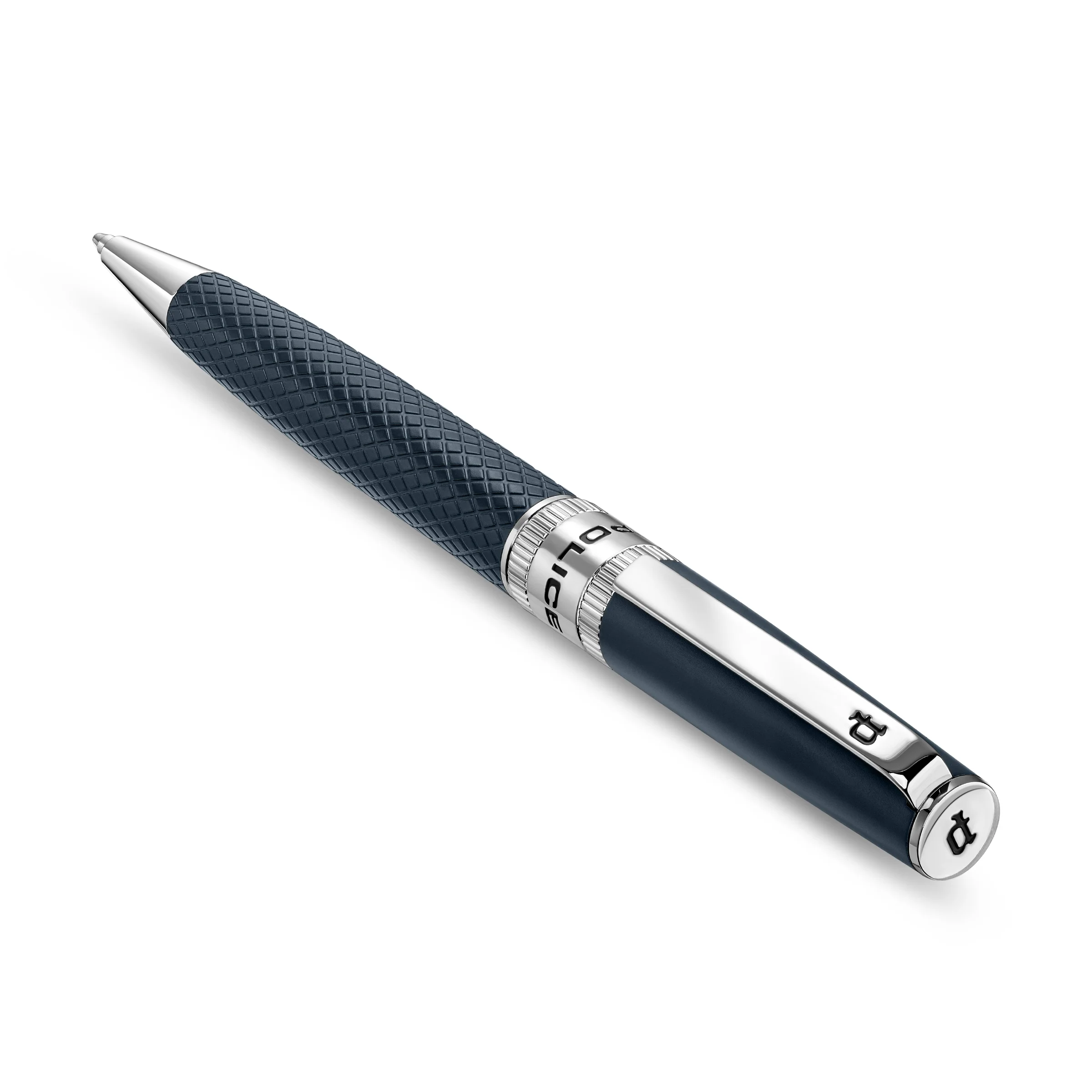 Police Serif 2 Blue Embossed Stainless Steel Pen with Silver Trim, Blue Ink - Image 2