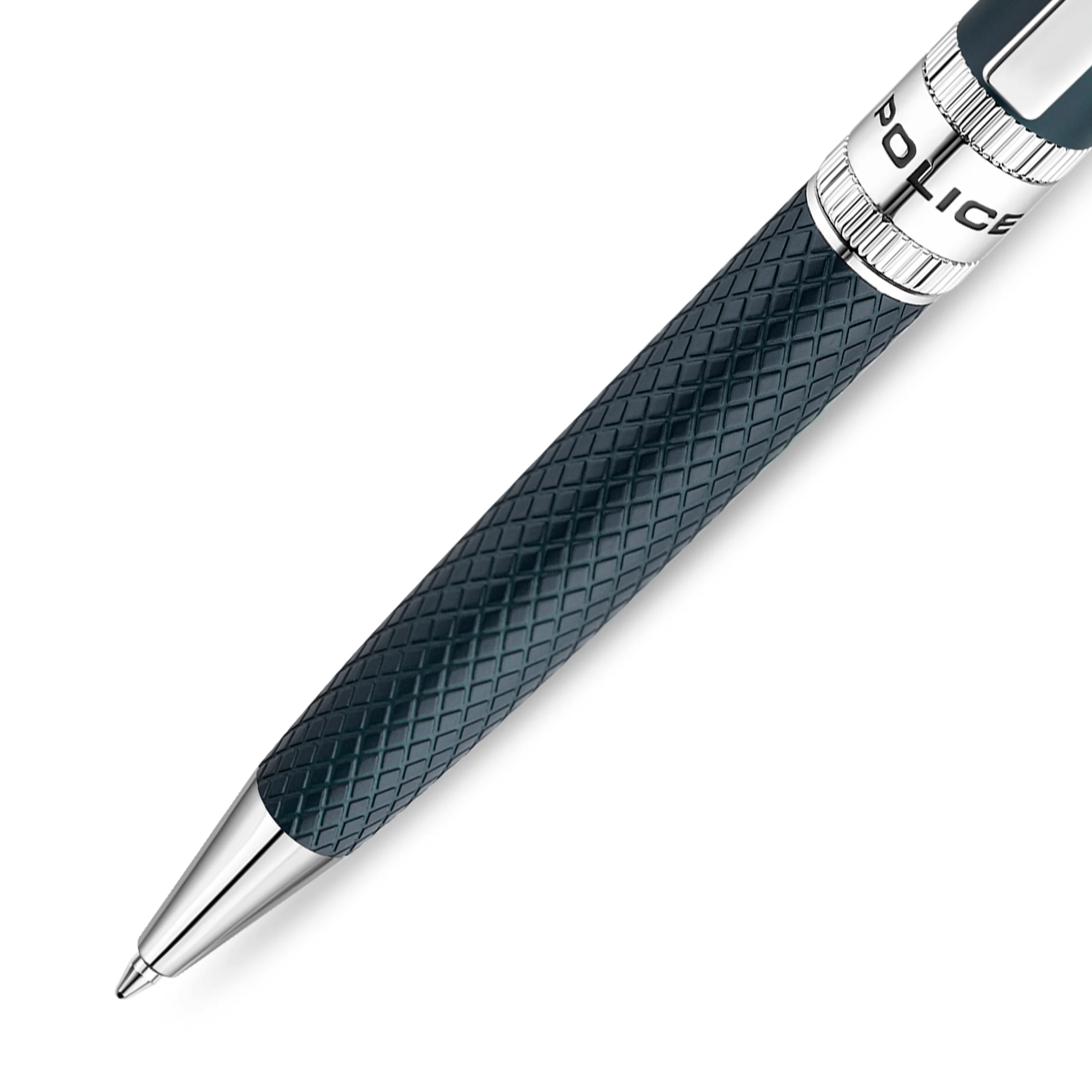 Police Serif 2 Blue Embossed Stainless Steel Pen with Silver Trim, Blue Ink - Image 3