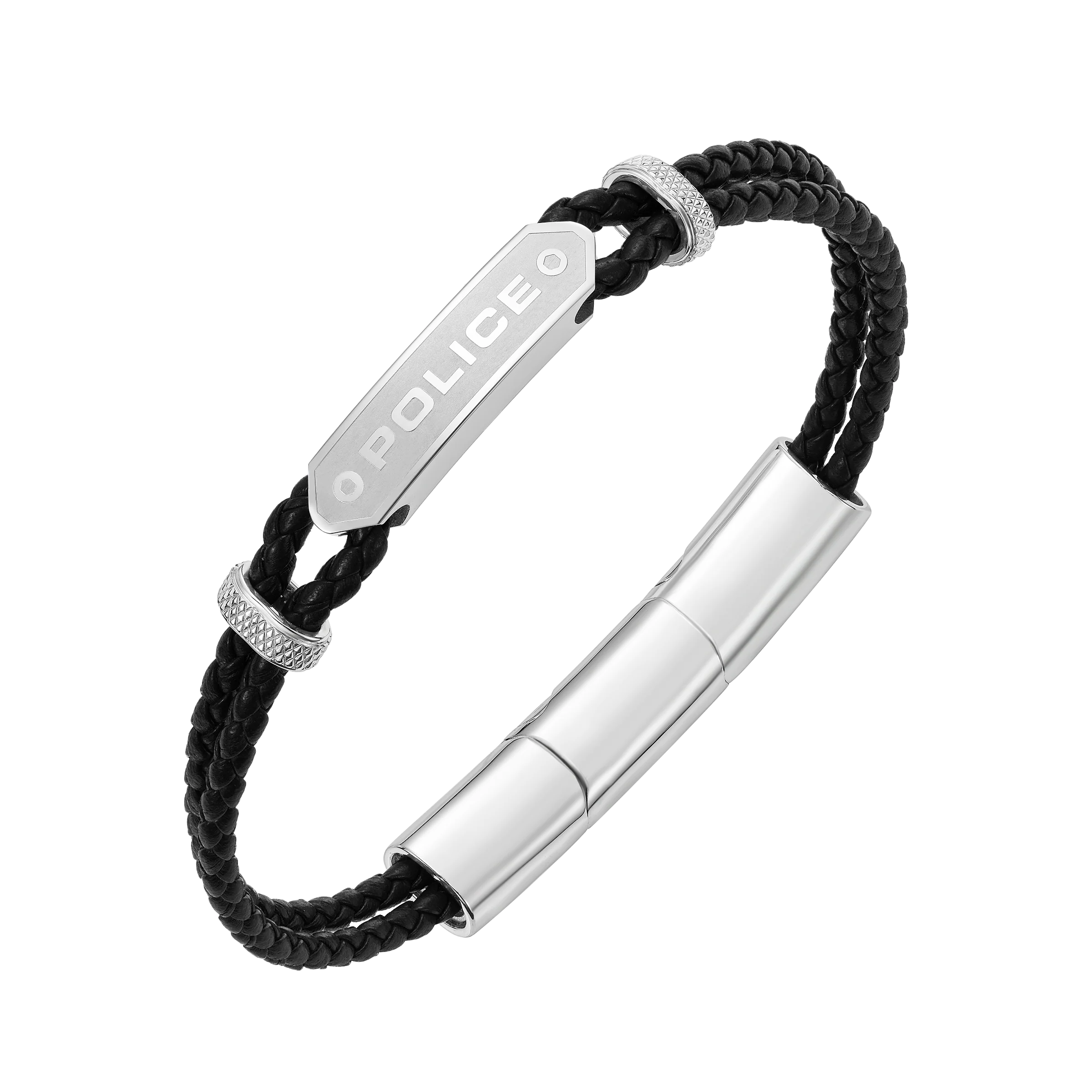 Police Twincord Black Leather Duo-Row Bracelet with Stainless Steel Police Logo Plaque - Image 2