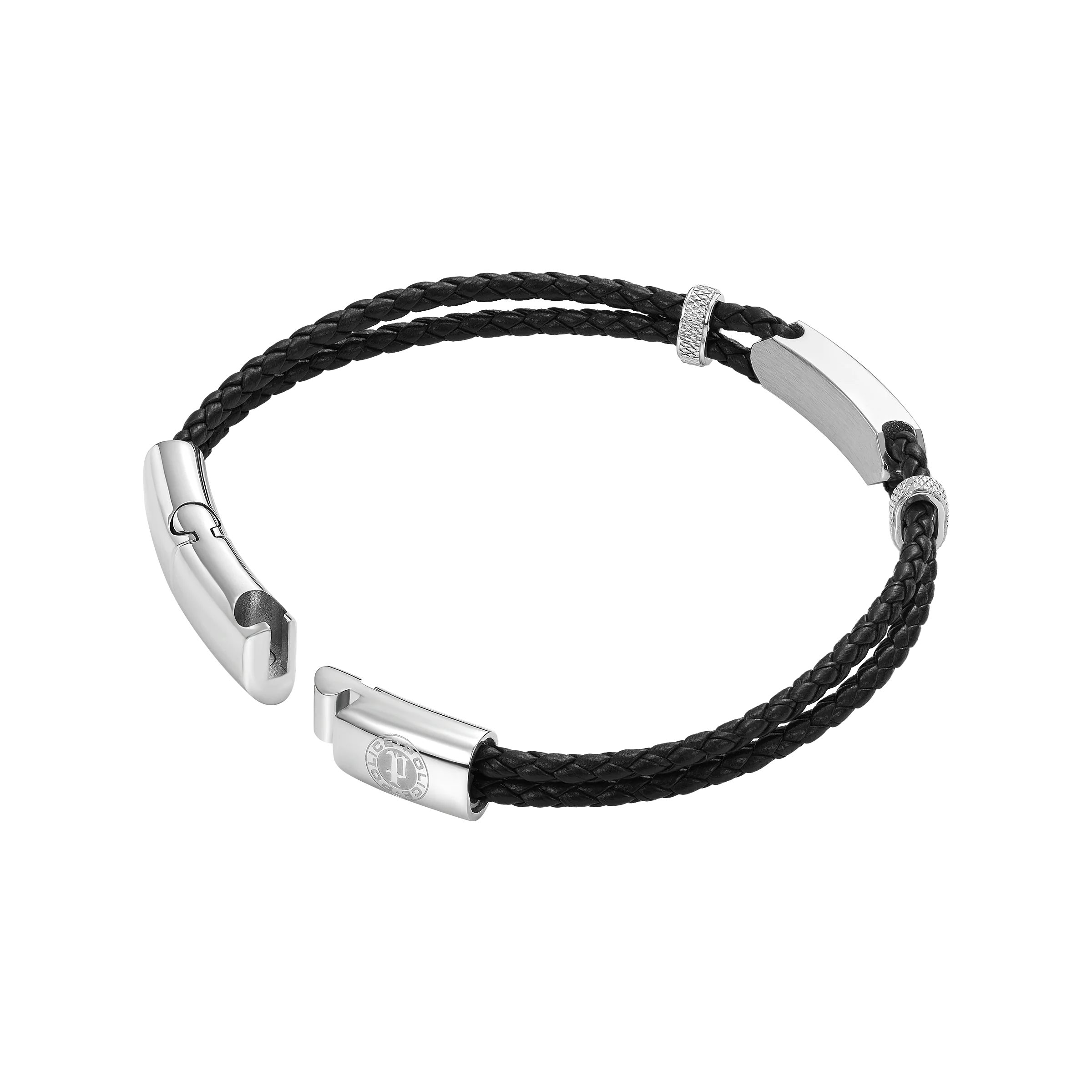 Police Twincord Black Leather Duo-Row Bracelet with Stainless Steel Police Logo Plaque - Image 3