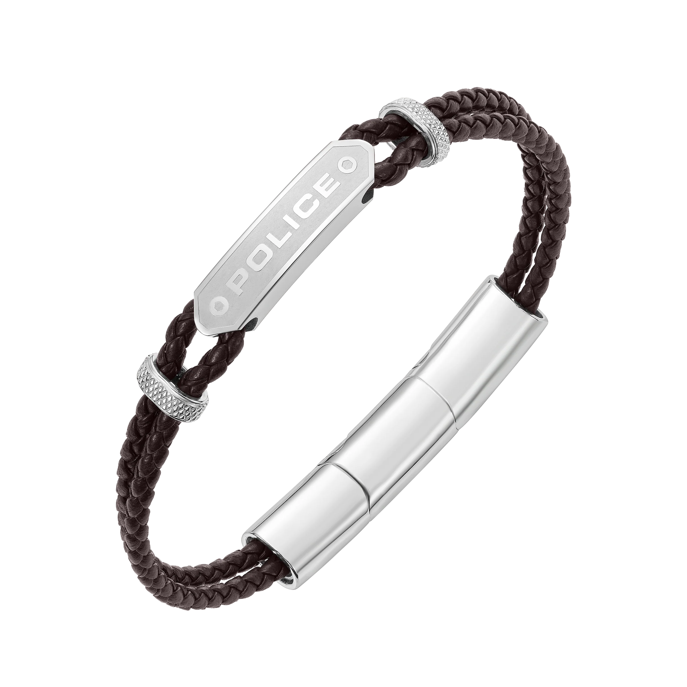 Police Twincord Brown Leather Bracelet with Stainless Steel Police Logo Plaque - Image 2