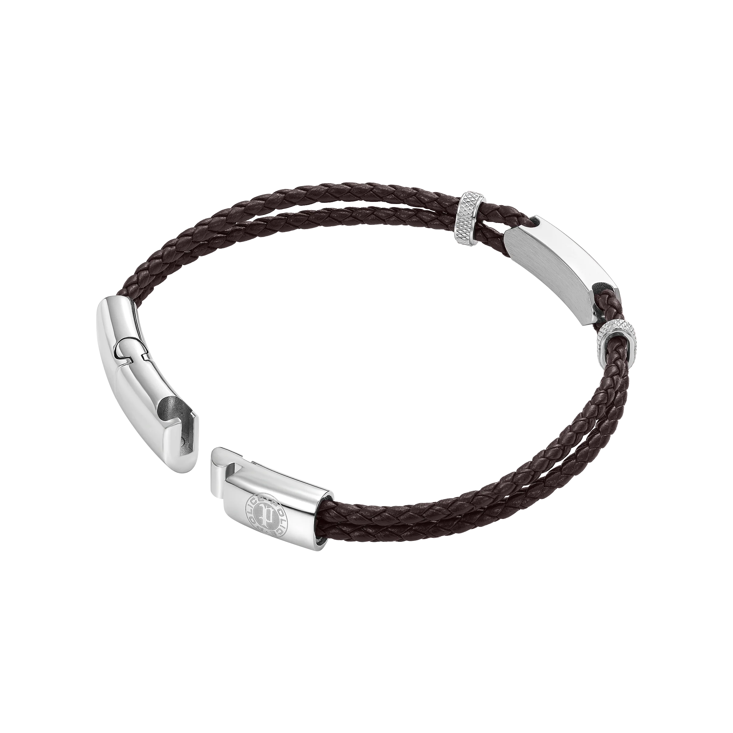 Police Twincord Brown Leather Bracelet with Stainless Steel Police Logo Plaque - Image 3