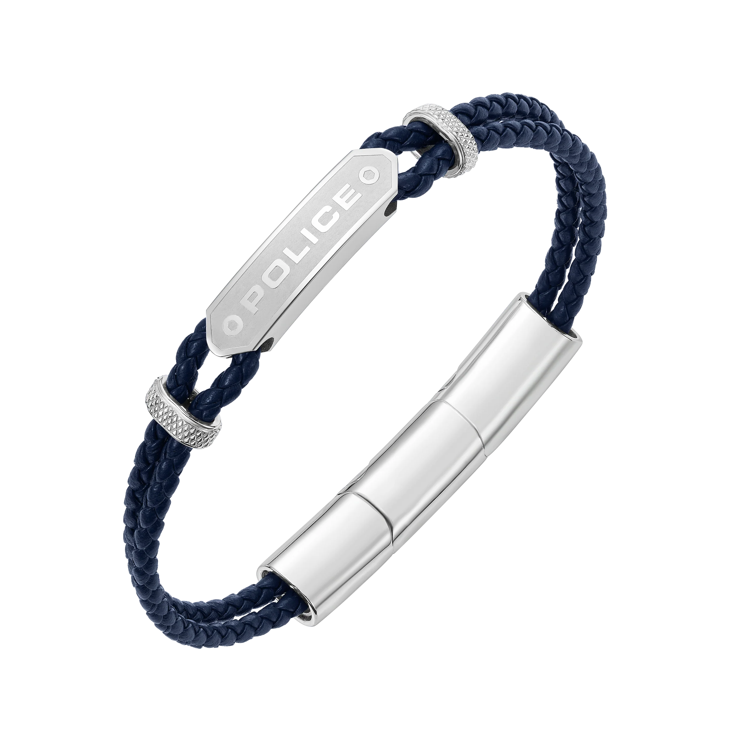 Police Twincord Navy Blue Leather Duo-Row Bracelet with Stainless Steel Police Logo Plaque - Image 2
