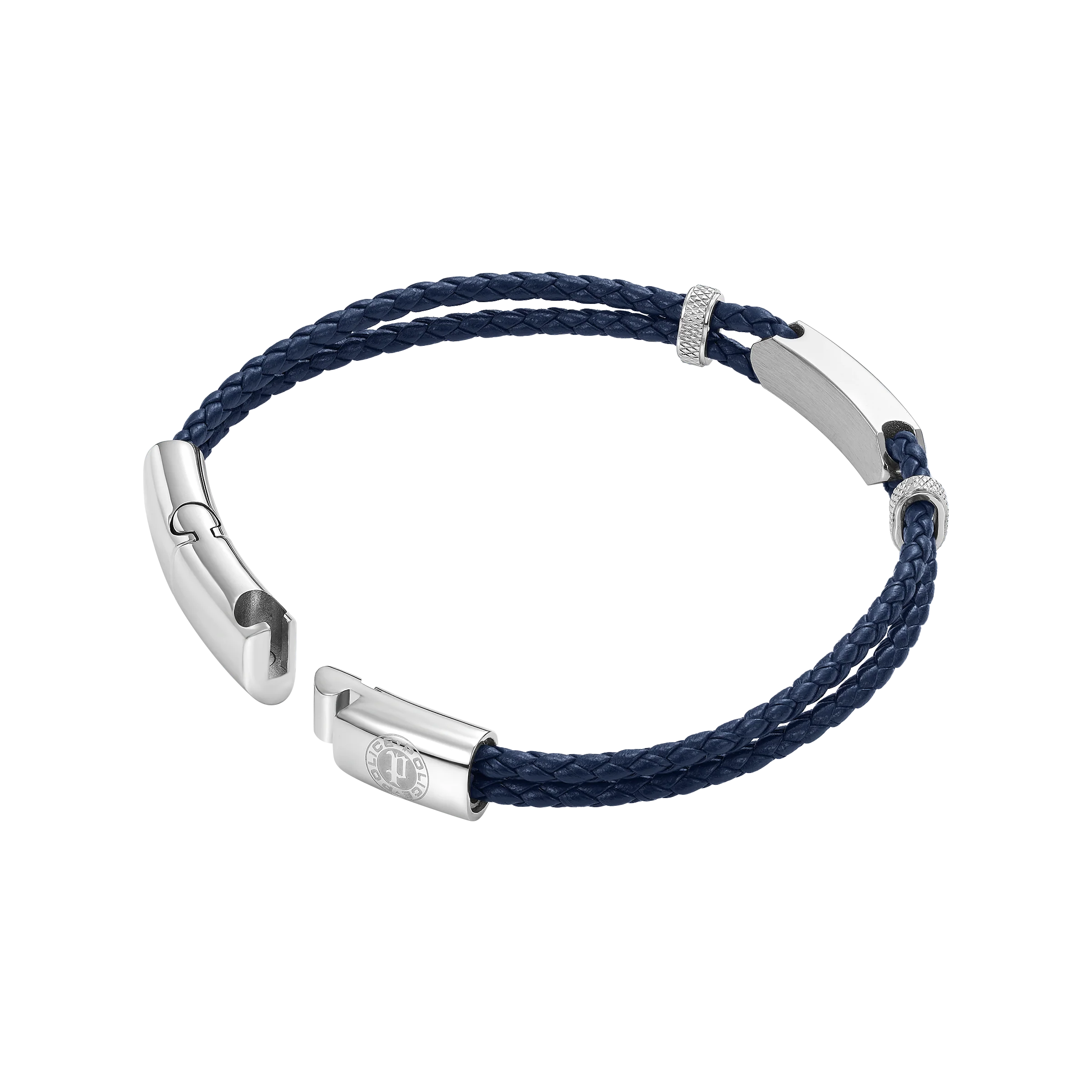 Police Twincord Navy Blue Leather Duo-Row Bracelet with Stainless Steel Police Logo Plaque - Image 3