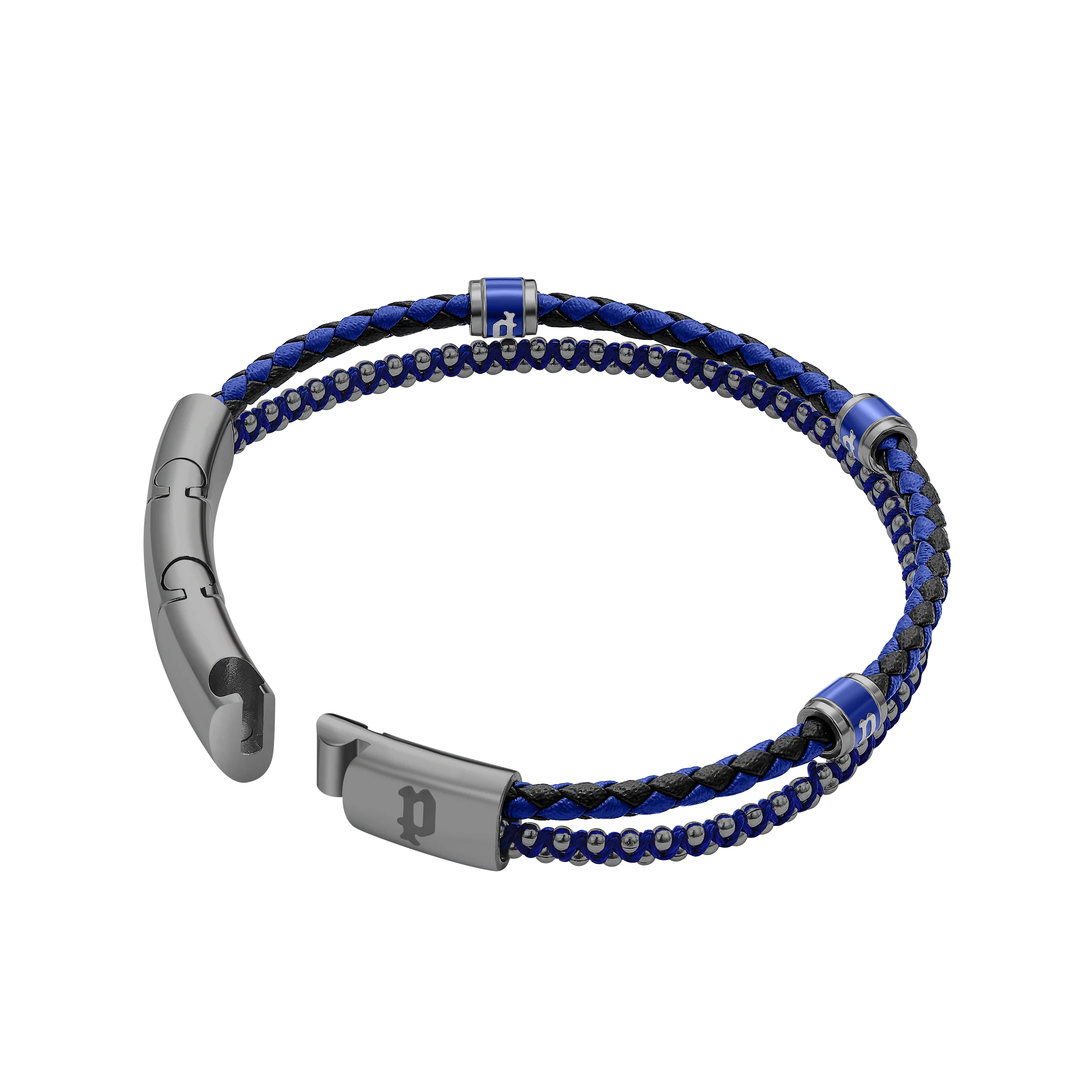 Police Twinrow Gunmetal IP Bracelet with Blue Leather & Cord and Police Cube Detail - Image 2