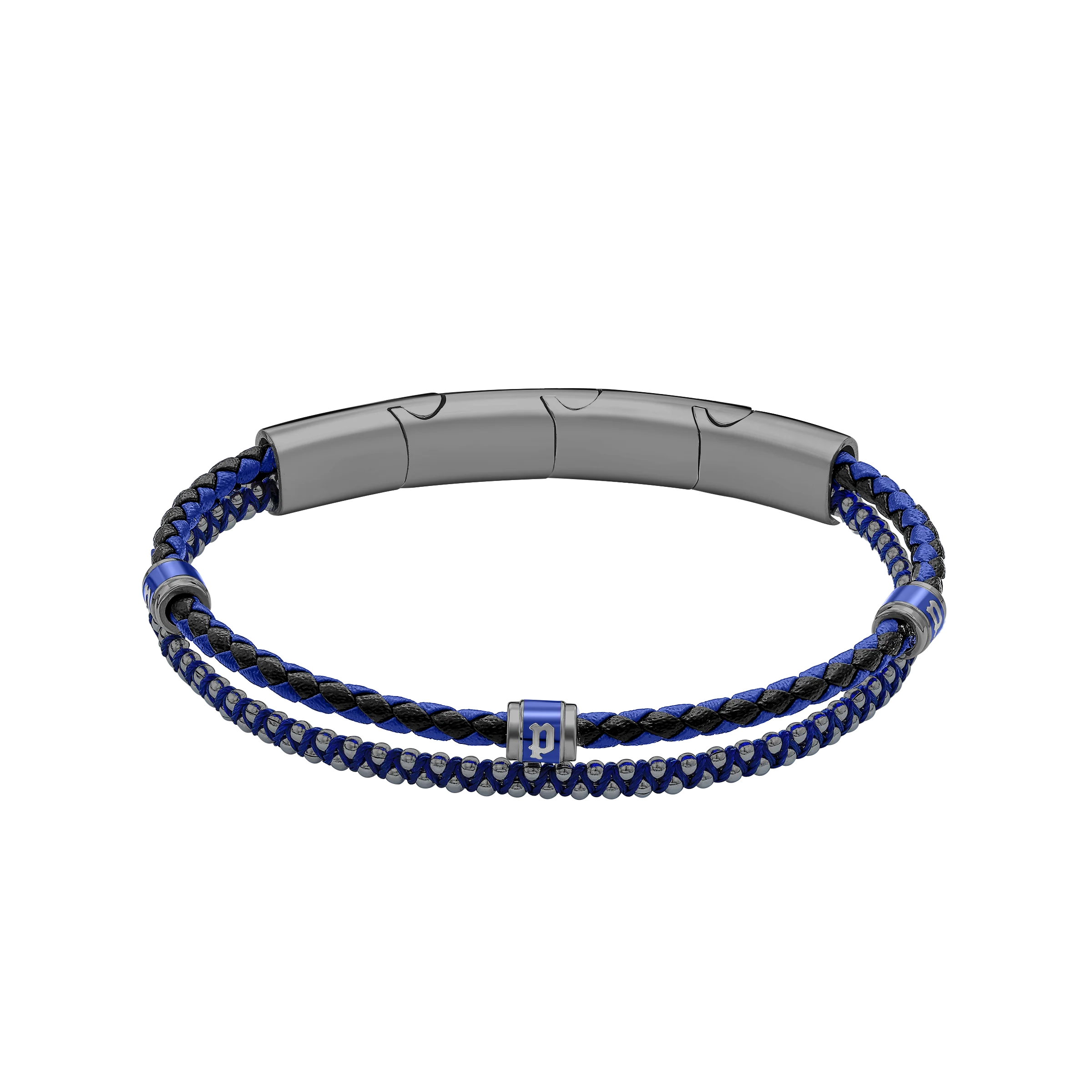 Police Twinrow Gunmetal IP Bracelet with Blue Leather & Cord and Police Cube Detail - Image 3