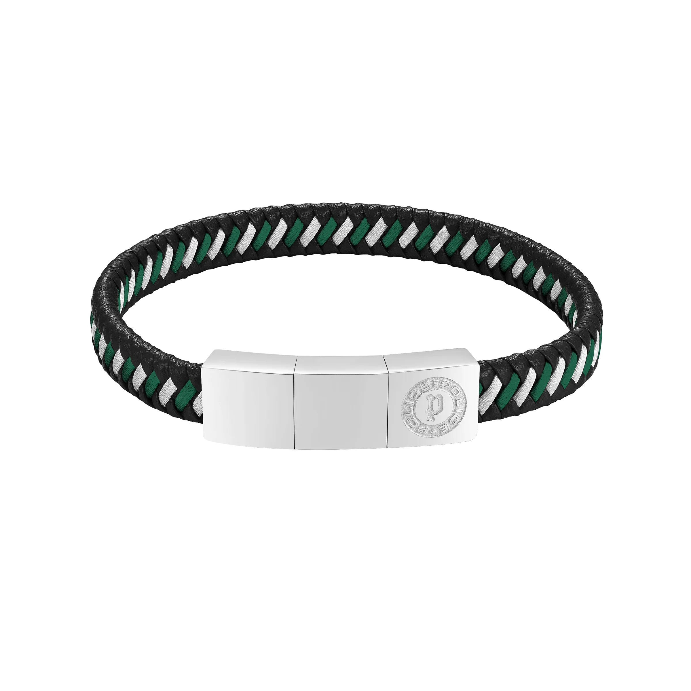 Police Twist Black & Dark Green Woven Leather Bracelet For Men - Image 2