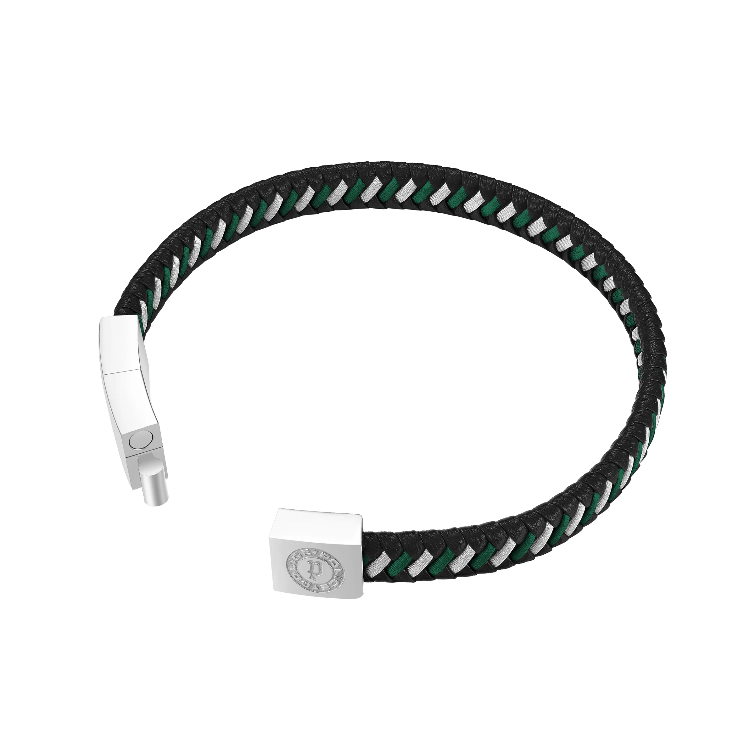Police Twist Black & Dark Green Woven Leather Bracelet For Men - Image 3