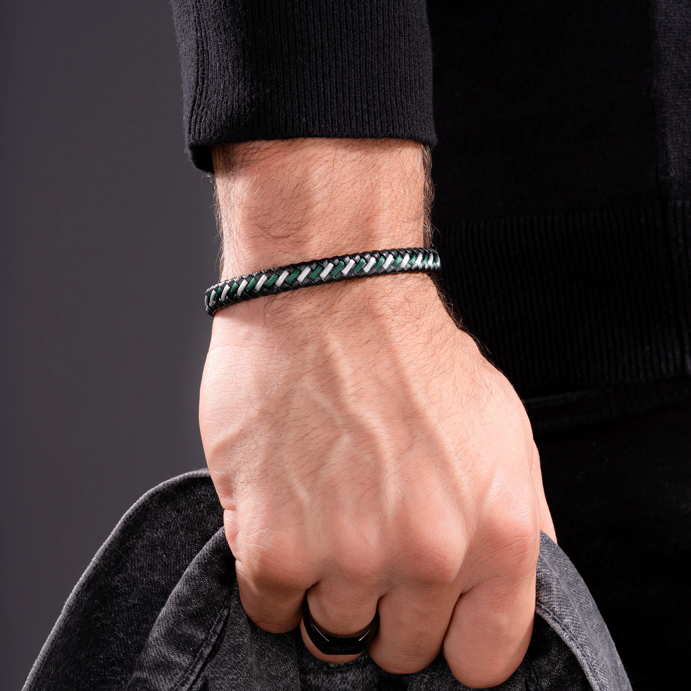 Police Twist Black & Dark Green Woven Leather Bracelet For Men - Image 4
